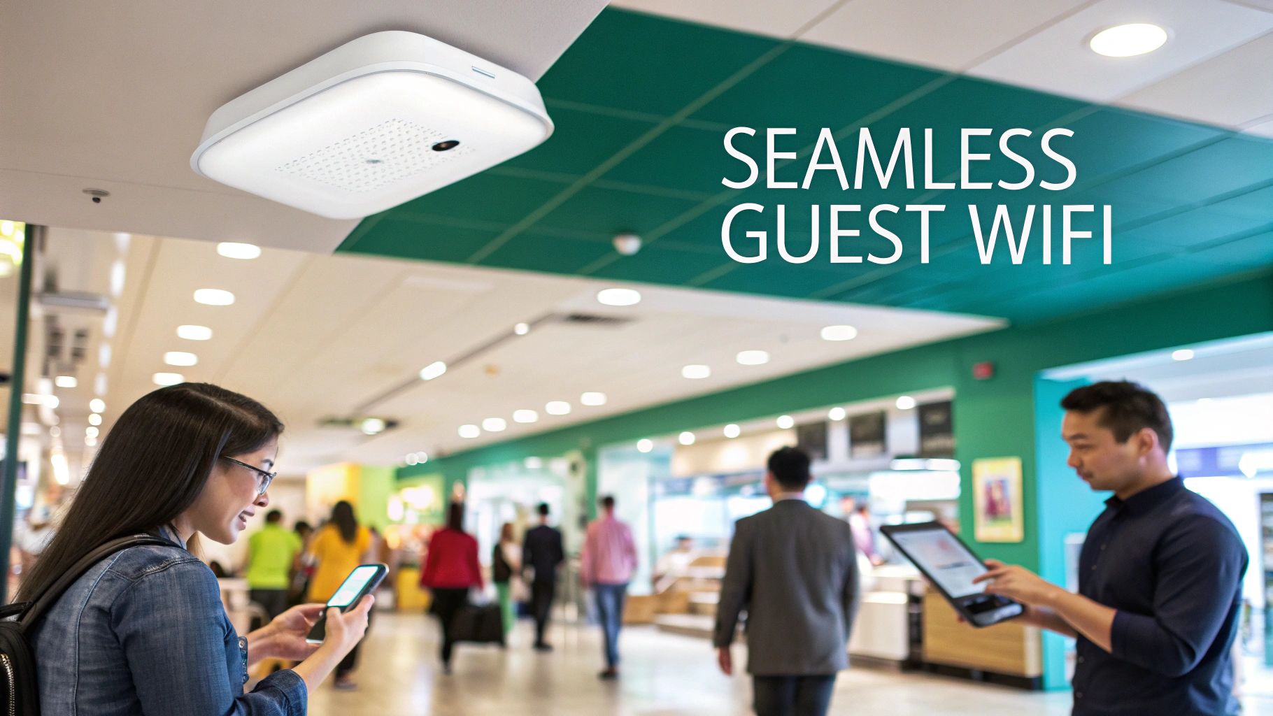 A ceiling-mounted Meraki access point provides seamless guest Wi-Fi for people using devices in a public space.