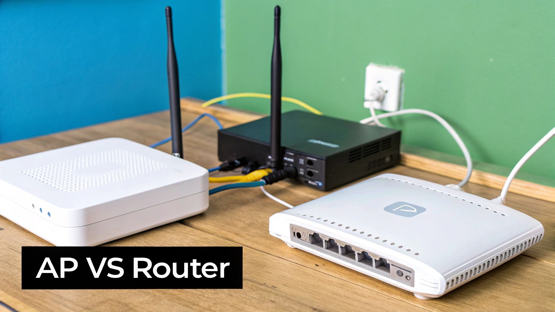 Two wireless devices with Wi--Fi signals radiating from them
