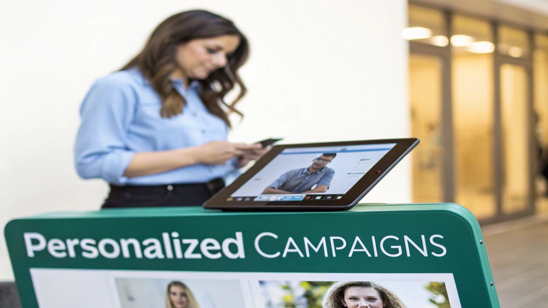 Woman checking phone near a tablet displaying a man's photo on a 'Personalized CAMPAIGNS' marketing stand.