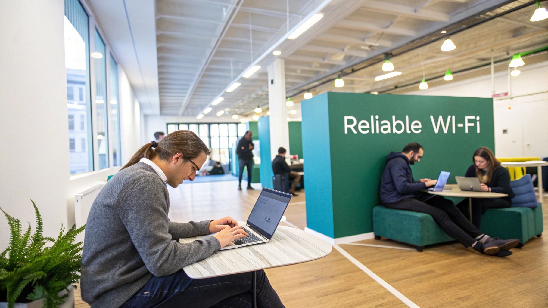 A person working on a laptop in a modern, well-lit office space, representing a professional wireless network environment.