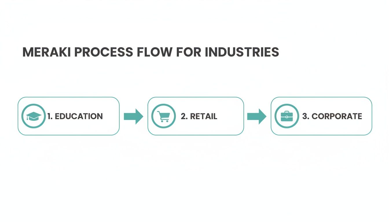 A Meraki process flow chart illustrating the sequence of industries: Education, Retail, and Corporate sectors.