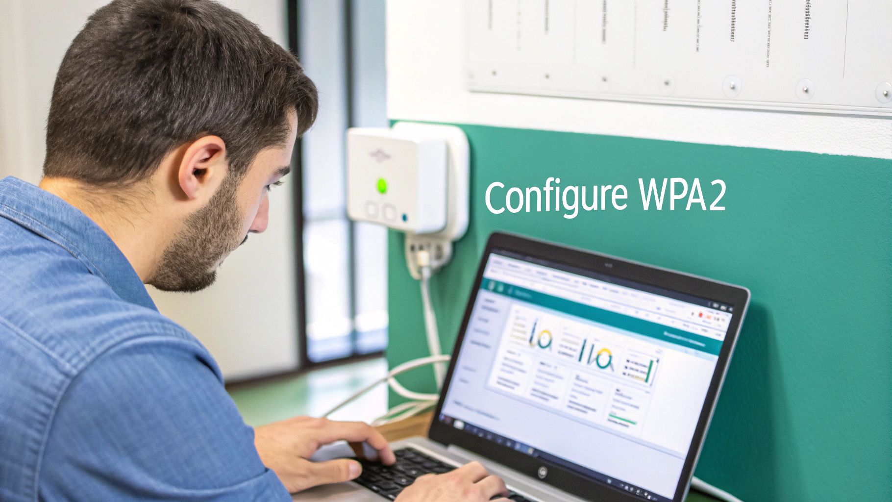 A man configuring WPA2 security on a laptop, with a network extender plugged into the wall.