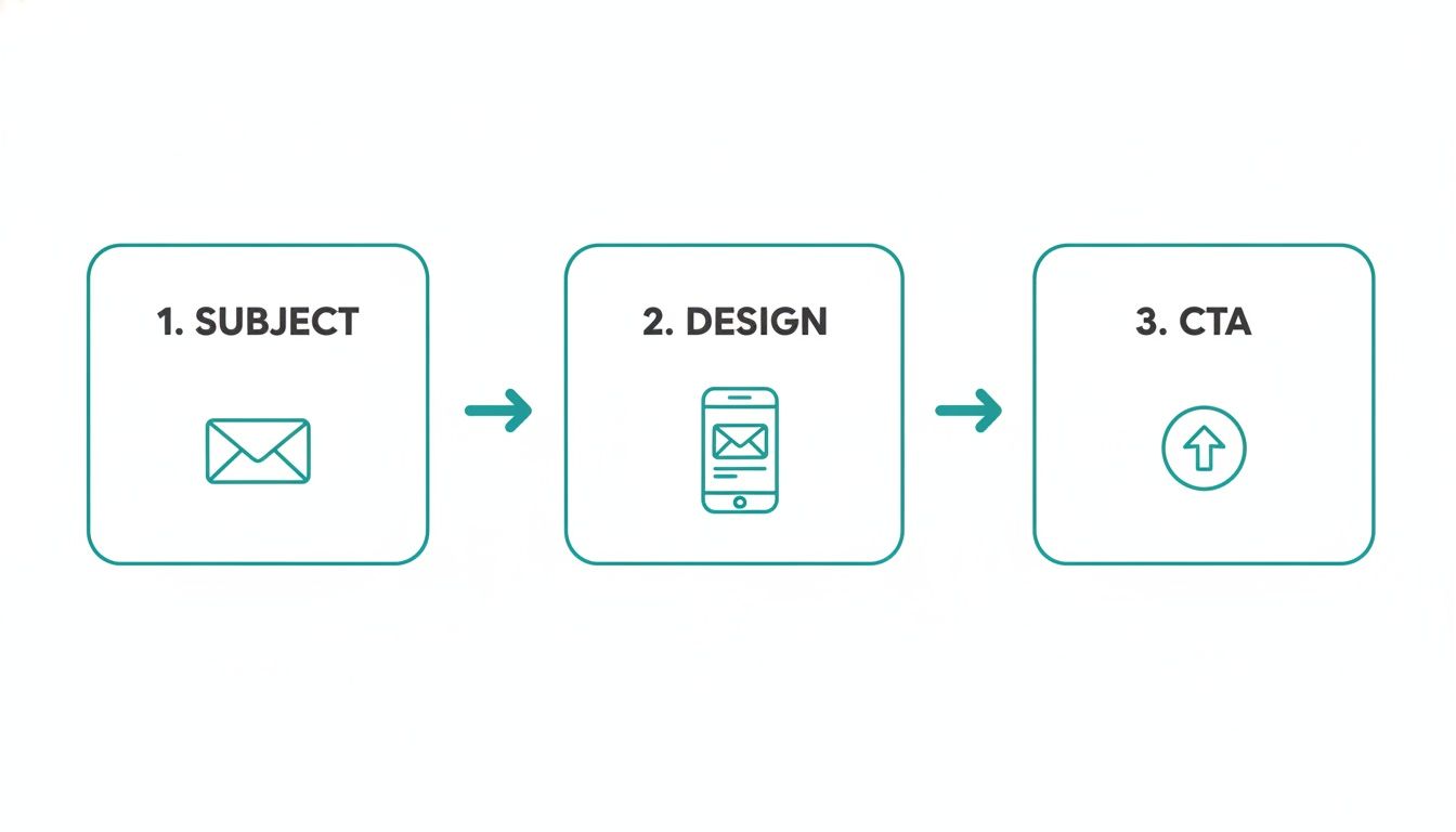 Three-step email campaign process: subject, mobile design, and call to action with icons.
