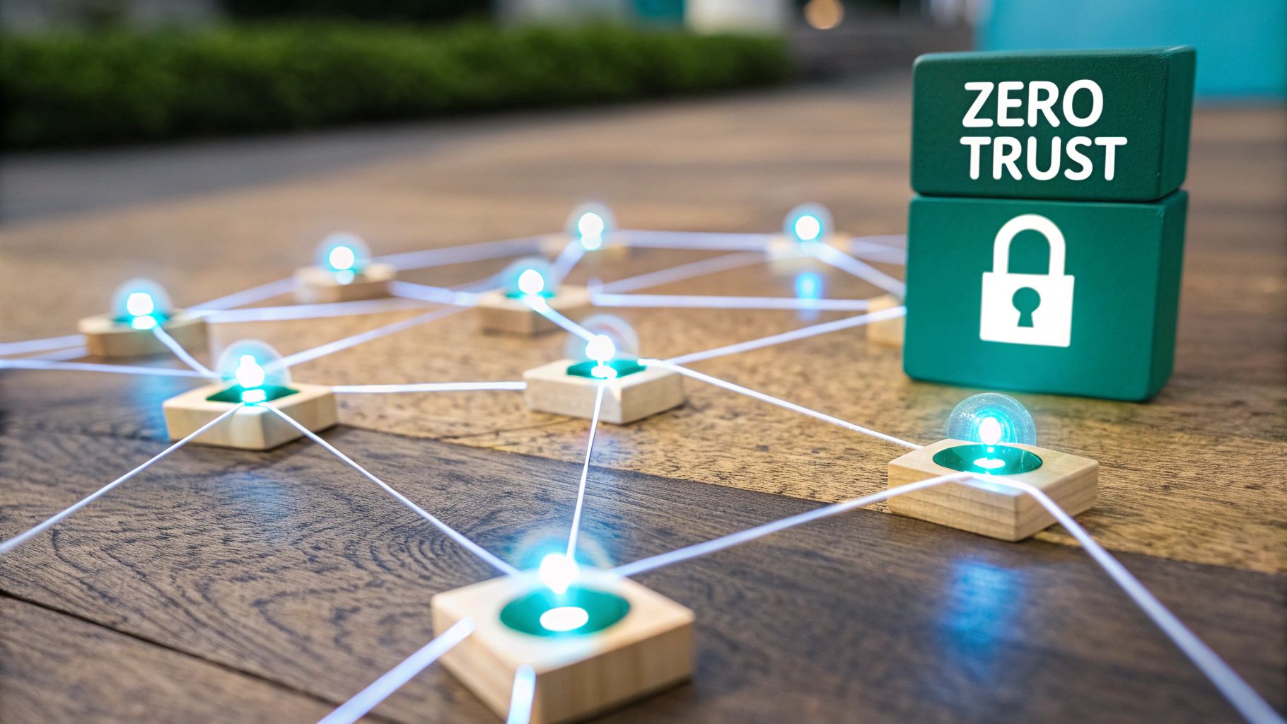 Illustration of a network with a central lock, representing the Zero Trust principle of verifying every connection.