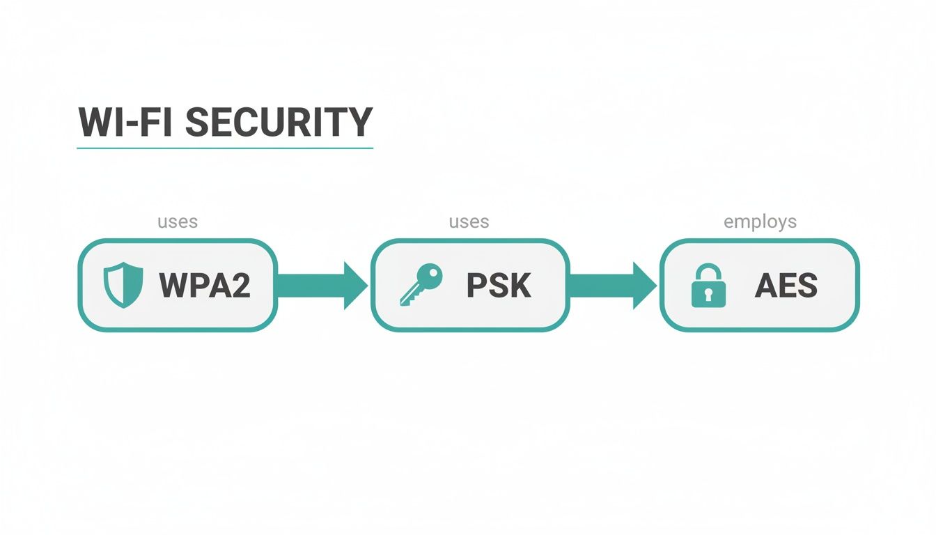 A flowchart titled 'Wi-Fi Security' showing WPA2 using PSK, which then employs AES.