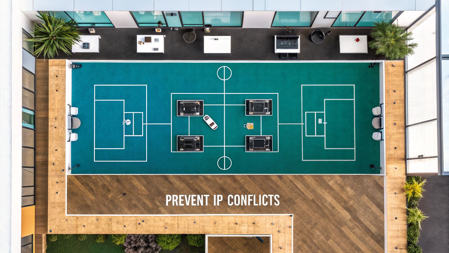 Aerial view of a rooftop with a network diagram field, server racks, toy car, and 'PREVENT IP CONFLICTS' text.