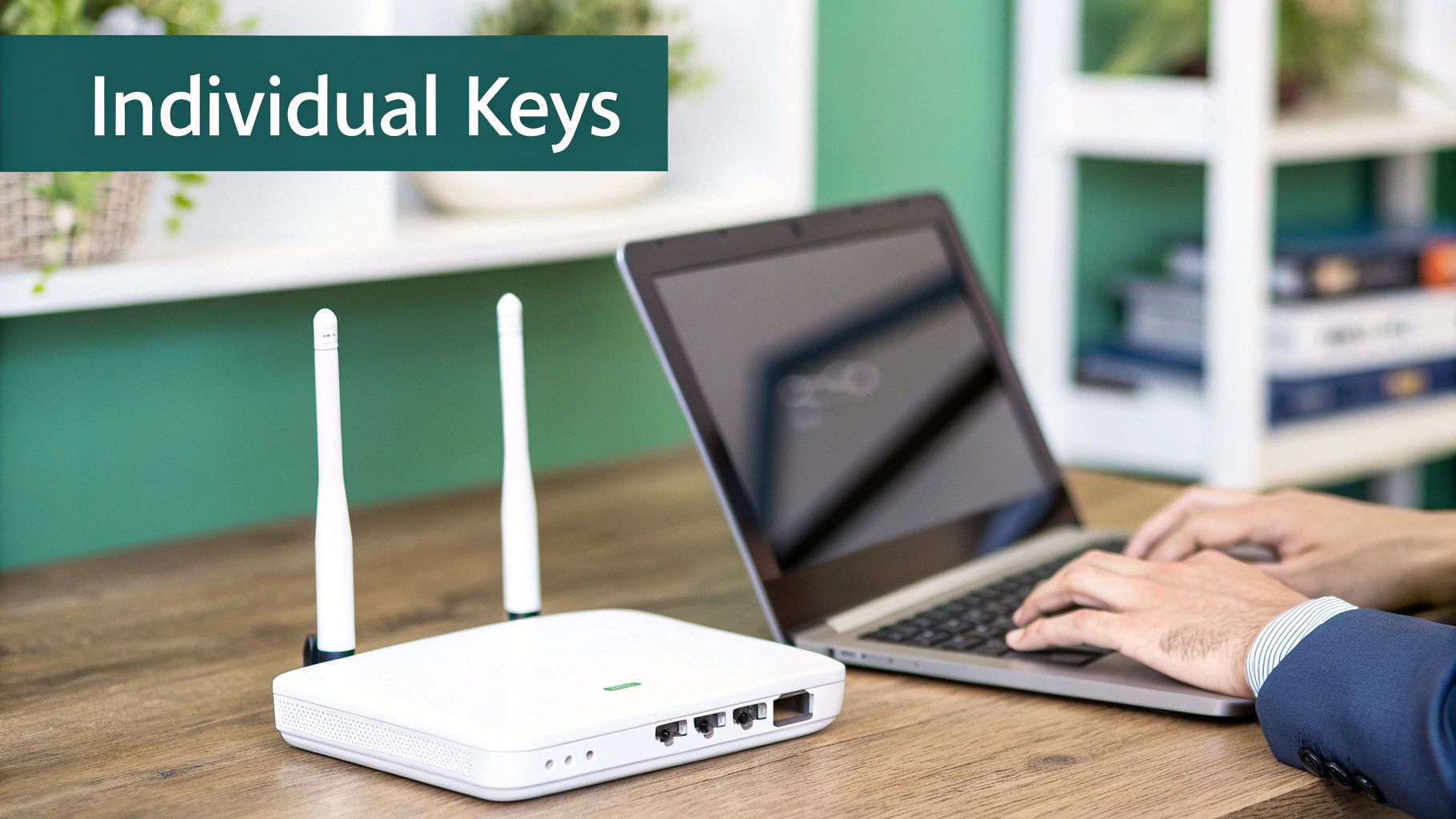 A white Wi-Fi router with antennas on a wooden desk, next to a person typing on a laptop.