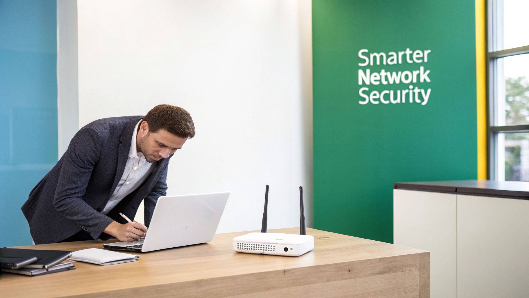 A person working on a laptop connected to a secure Wi-Fi network