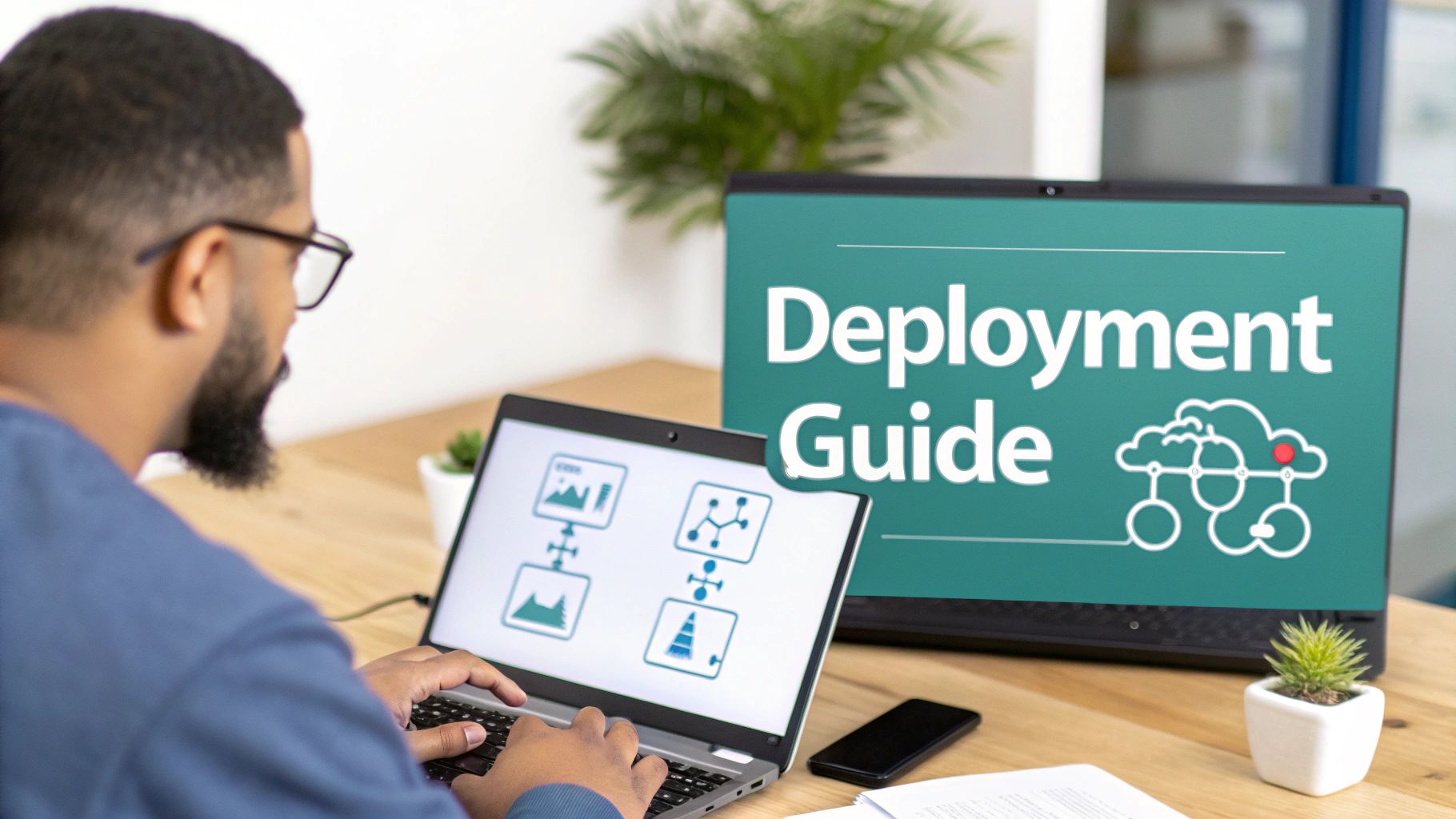 An interconnected web of Wi-Fi nodes representing a mesh network topology, with icons for laptops, phones, and tablets connected.