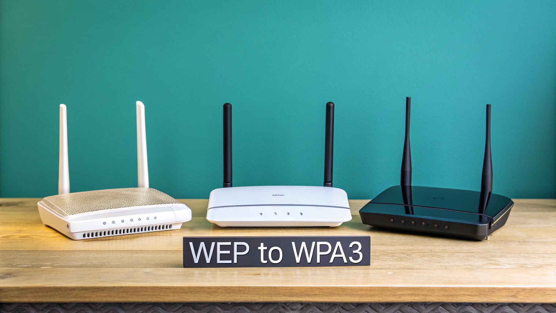Three different Wi-Fi routers on a wooden table, illustrating the evolution from WEP to WPA3 security.