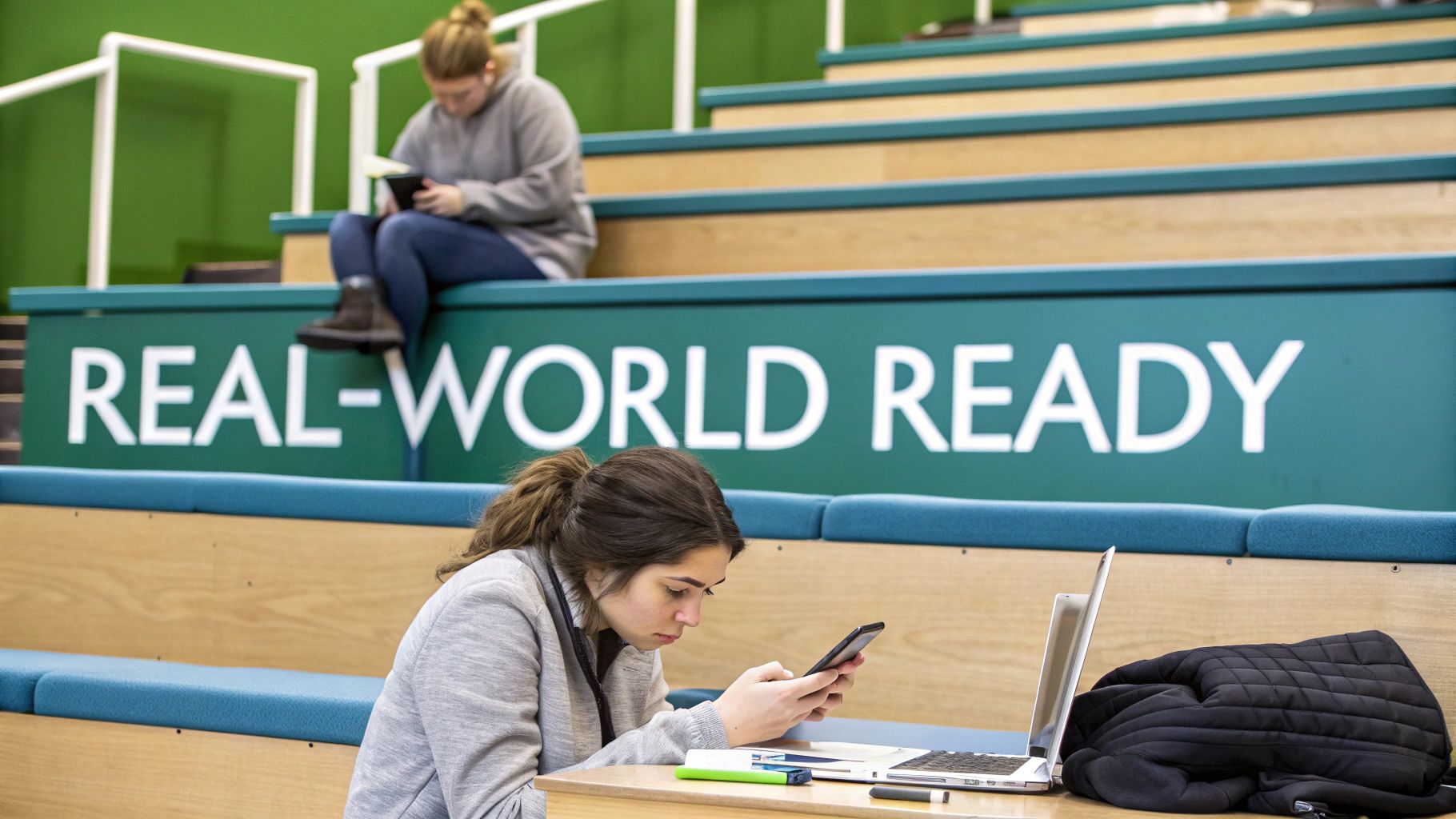 A group of students using their laptops in a university setting