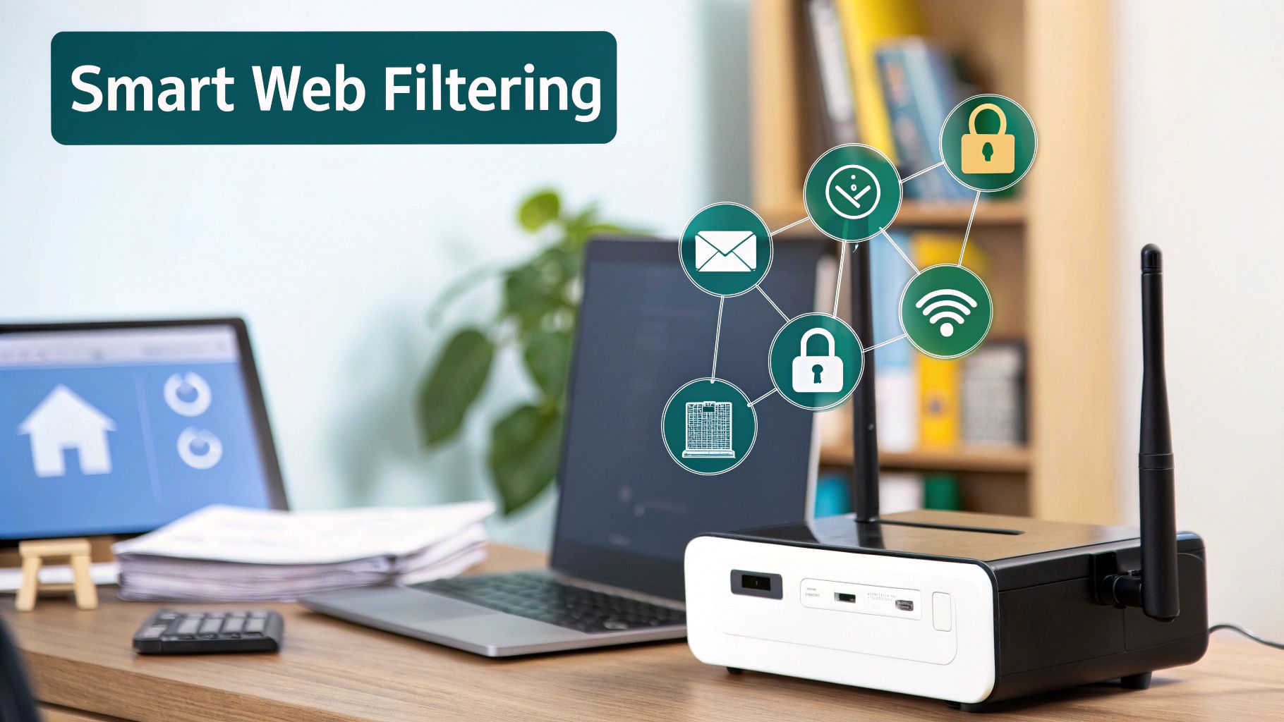 A desktop setup with a router and laptop, illustrating smart web filtering and network security features.