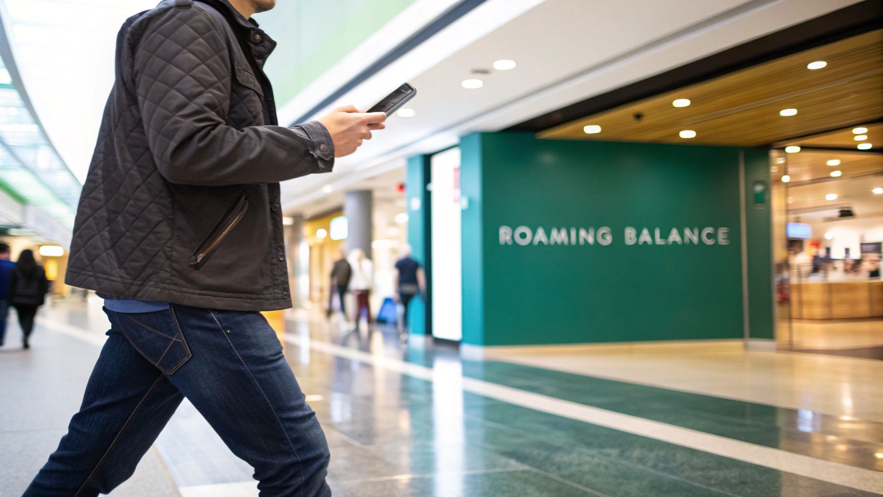 A man in a dark quilted jacket walks past a 'ROAMING BALANCE' sign, focused on his phone.