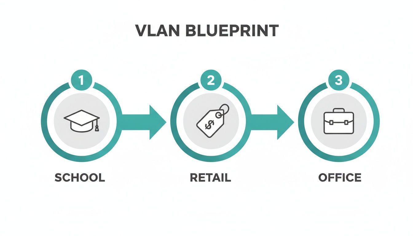 VLAN blueprint flowchart depicting three stages: School, Retail, and Office, each with a relevant icon.