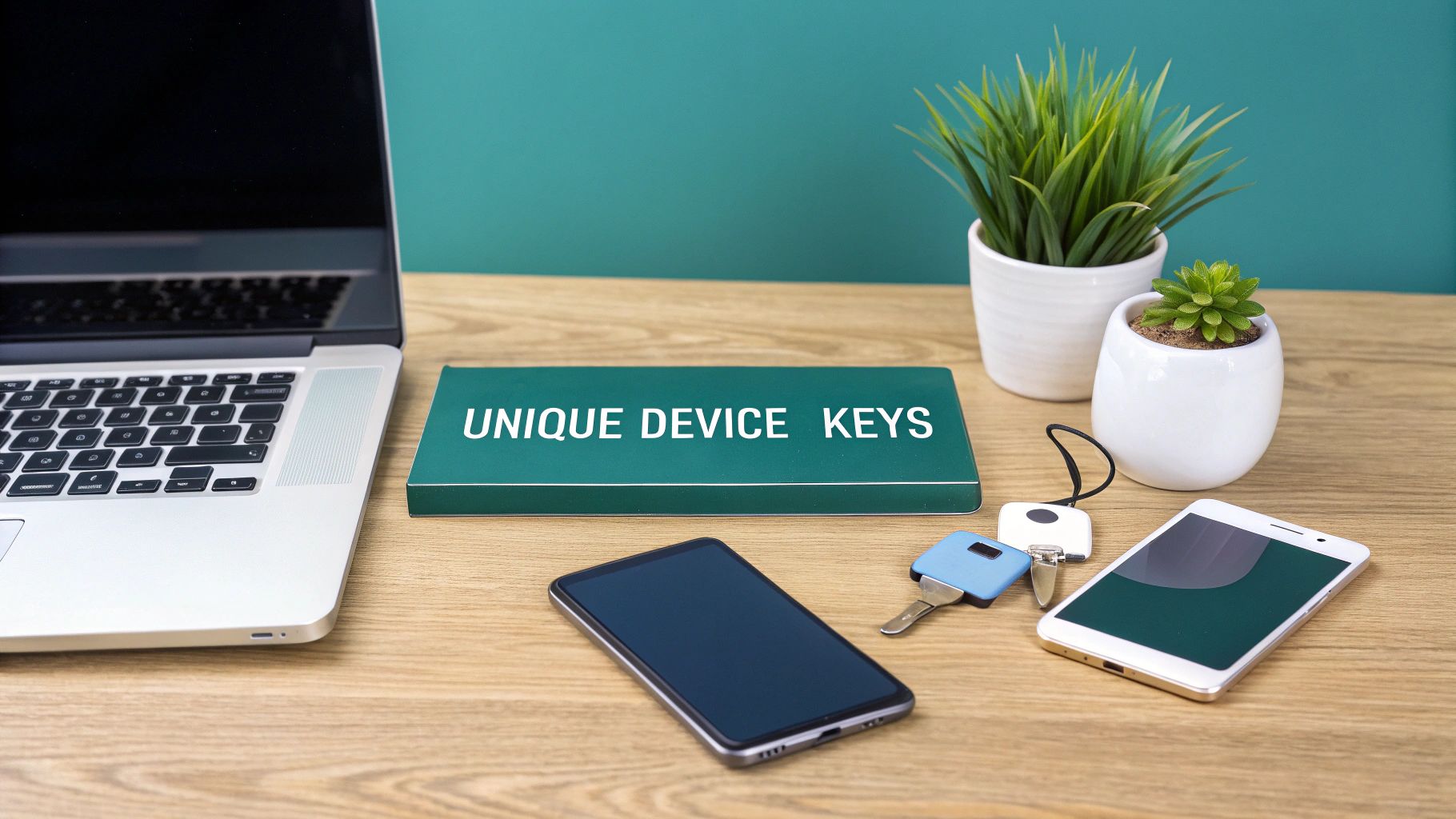 A wooden desk with a laptop, smartphones, keys, potted plants, and a sign 'UNIQUE DEVICE KEYS'.