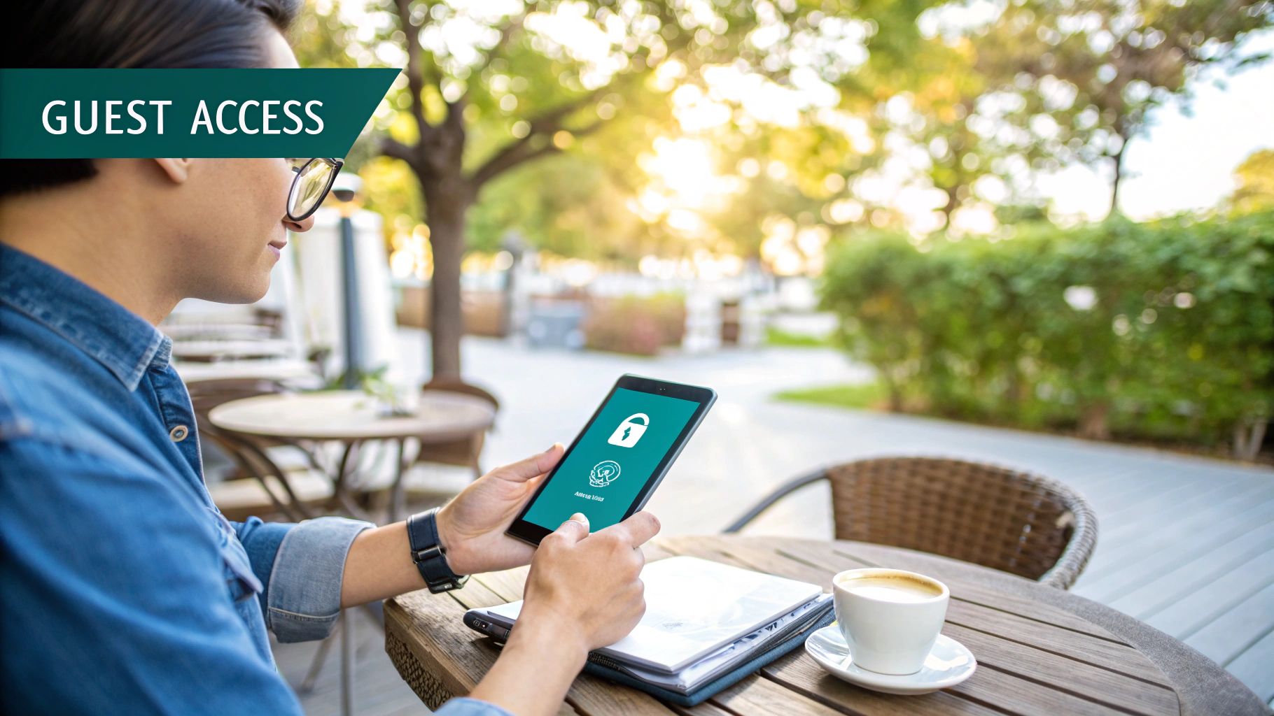 A person uses a tablet displaying 'Guest Access' in a sunny outdoor cafe setting.