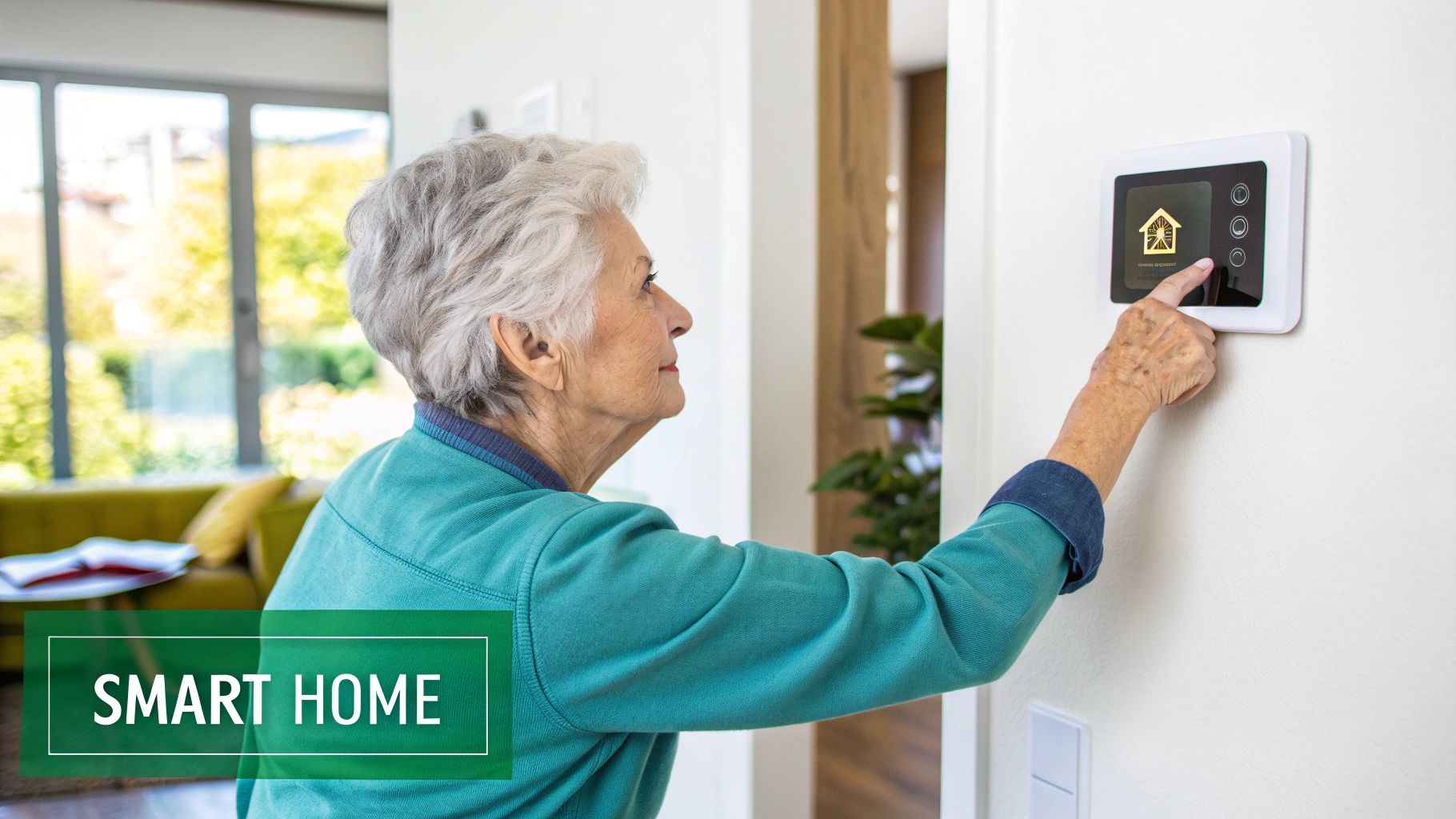 A senior woman happily using a tablet to connect with family over Wi-Fi.