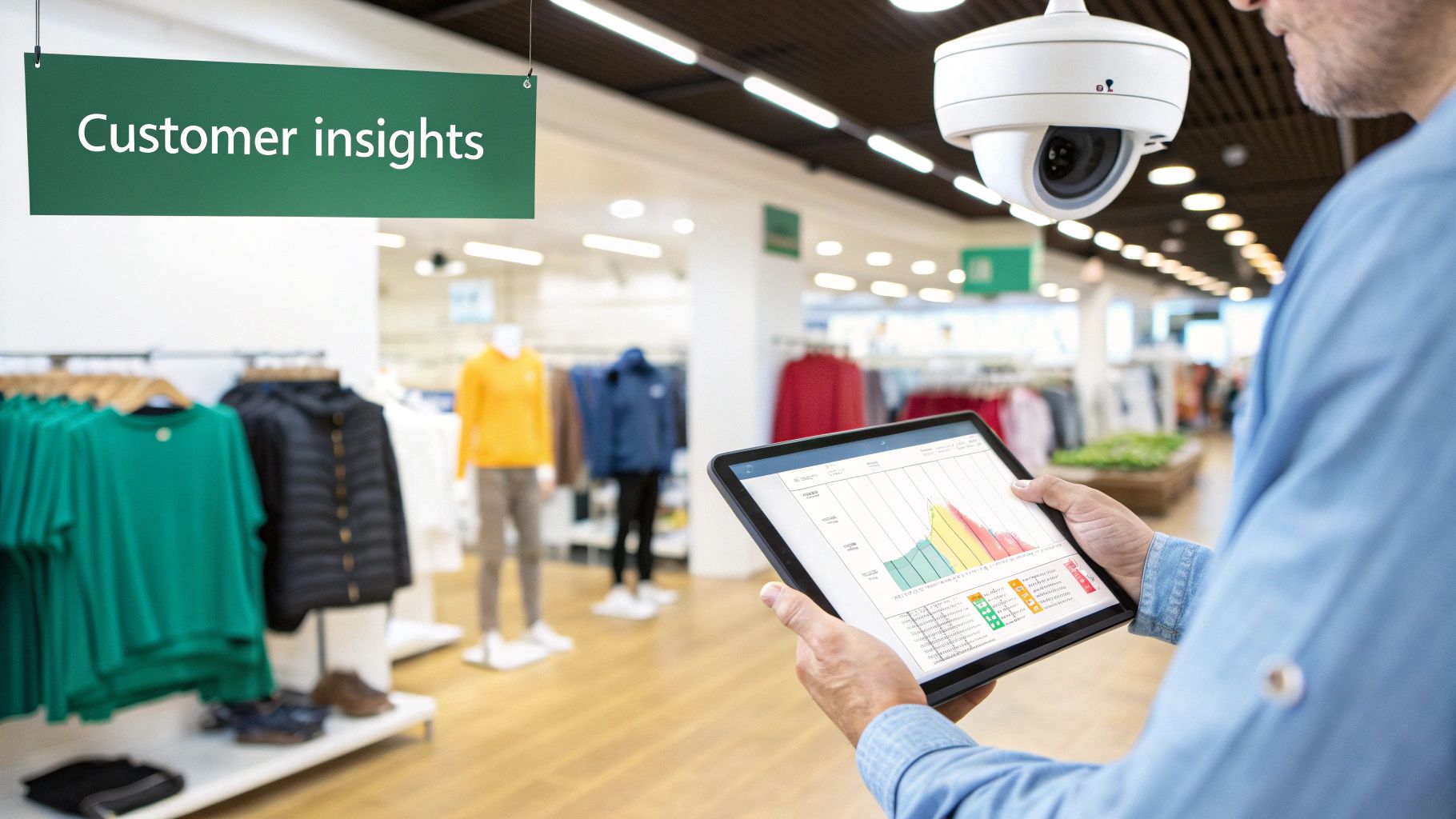Man analyzing retail customer insights on a tablet with an overhead security camera.