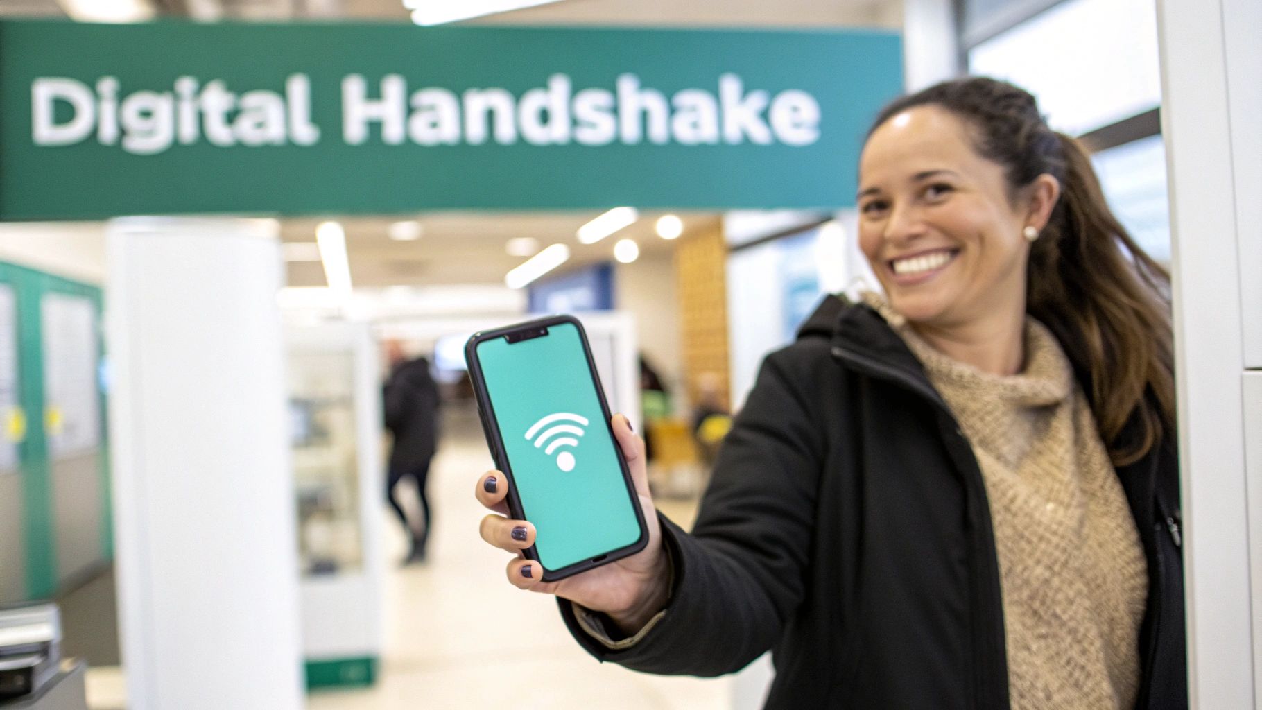 A smiling woman holds a smartphone displaying a Wi-Fi symbol, with a "Digital Handshake" sign behind her.