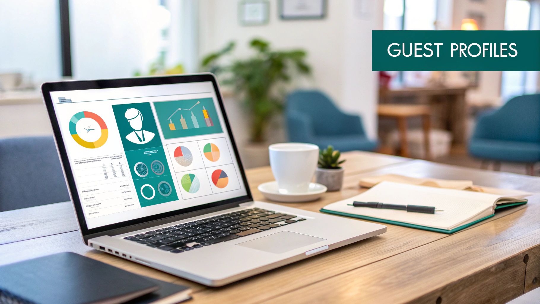 A laptop displays guest profile data with various charts and graphs on a modern wooden table next to coffee.