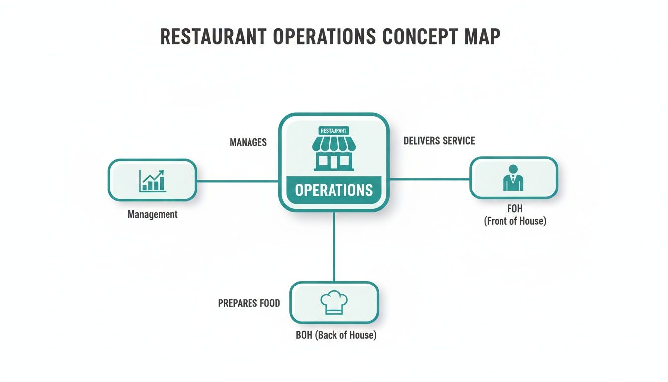 A concept map illustrating restaurant operations, showing how management, front of house, and back of house functions connect.
