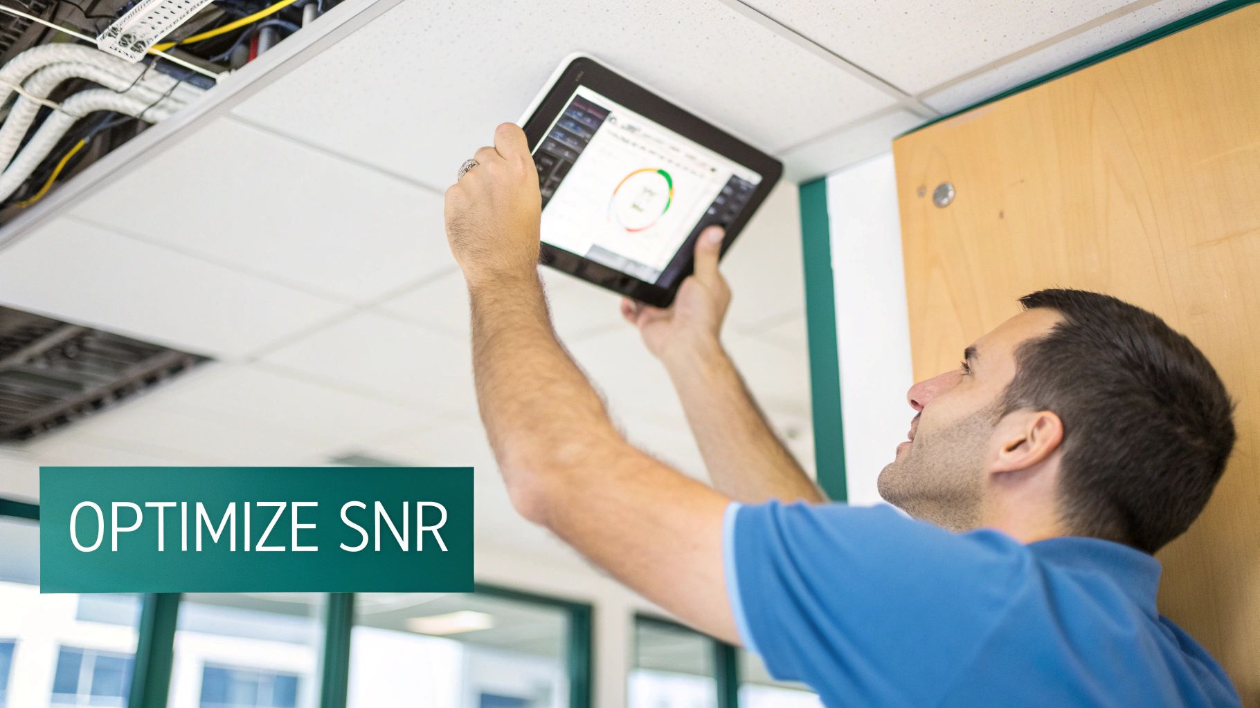 A technician uses a tablet to optimize wifi signal-to-noise ratio in a commercial building ceiling.