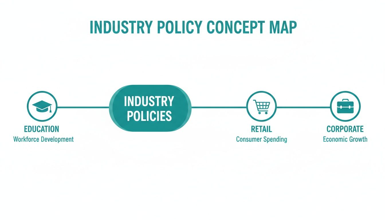 Concept map showing industry policies influencing education, retail, and corporate for economic growth.