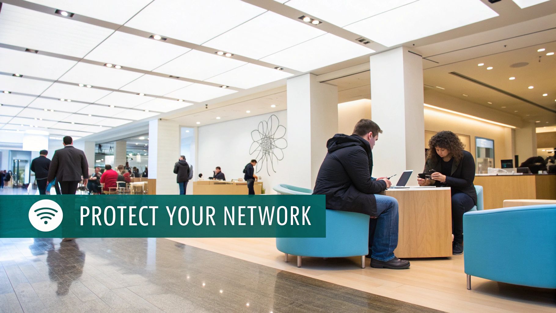 Modern office space with people using laptops and wifi network security message overlay