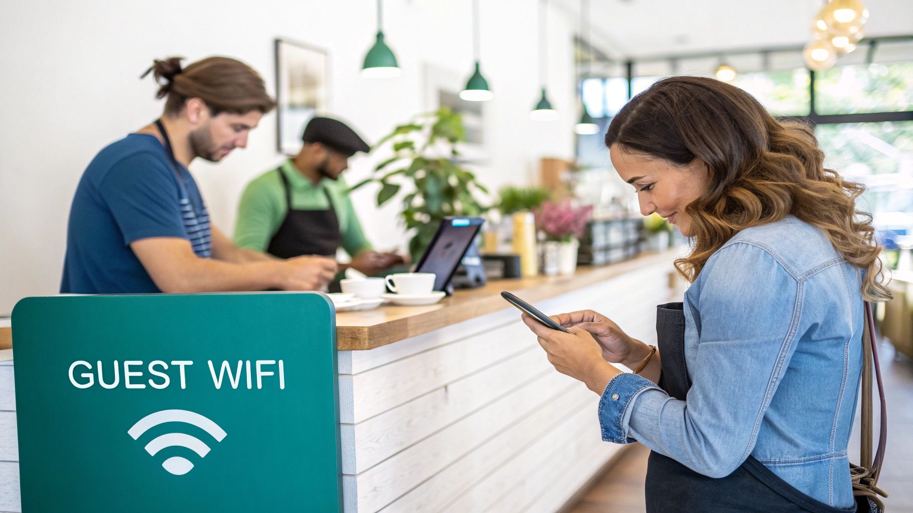 A smiling woman uses her phone in a modern cafe with a prominent guest WiFi sign.