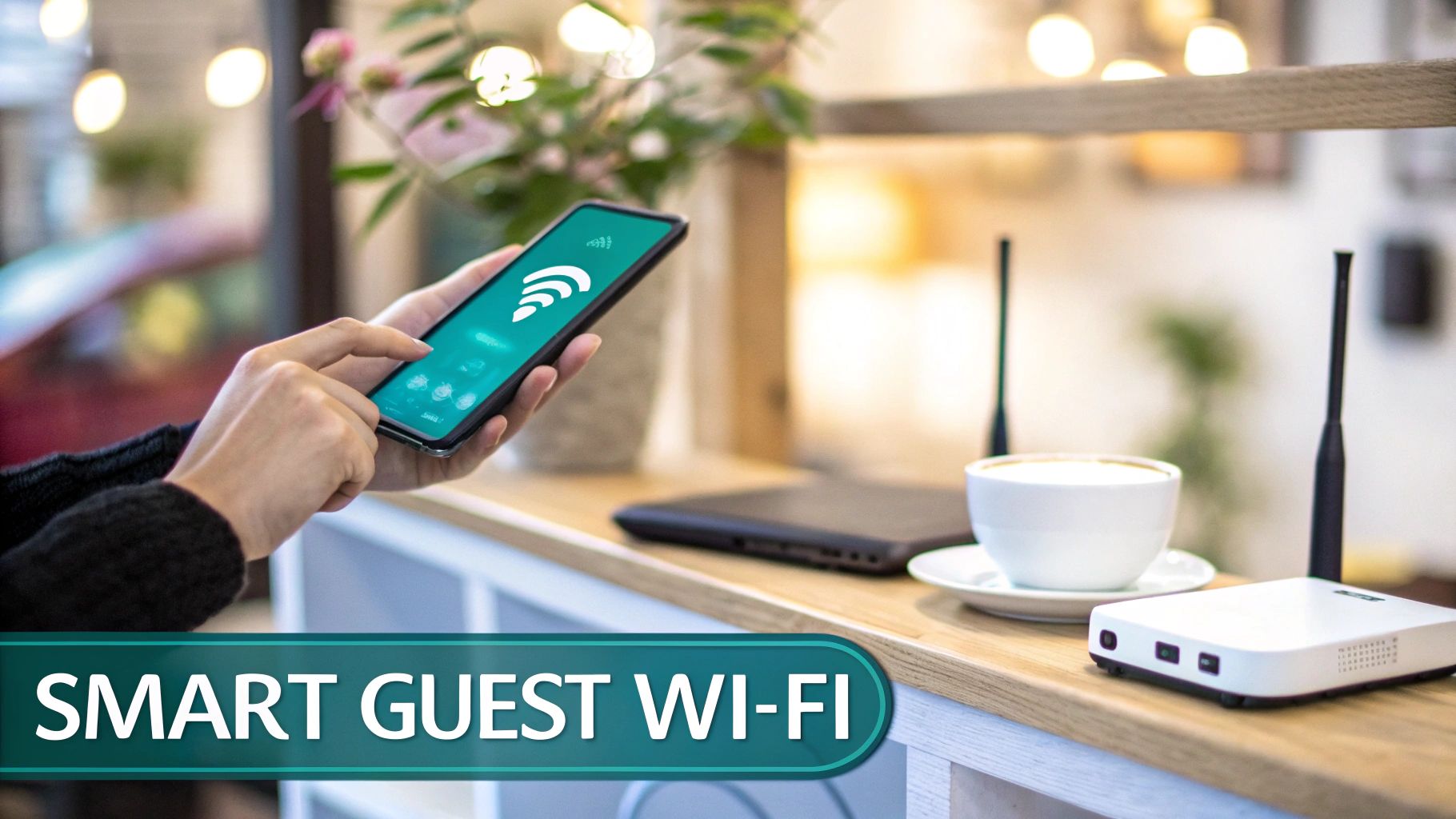 A person uses a smartphone showing a Wi-Fi icon, with a router and coffee, in a cafe.