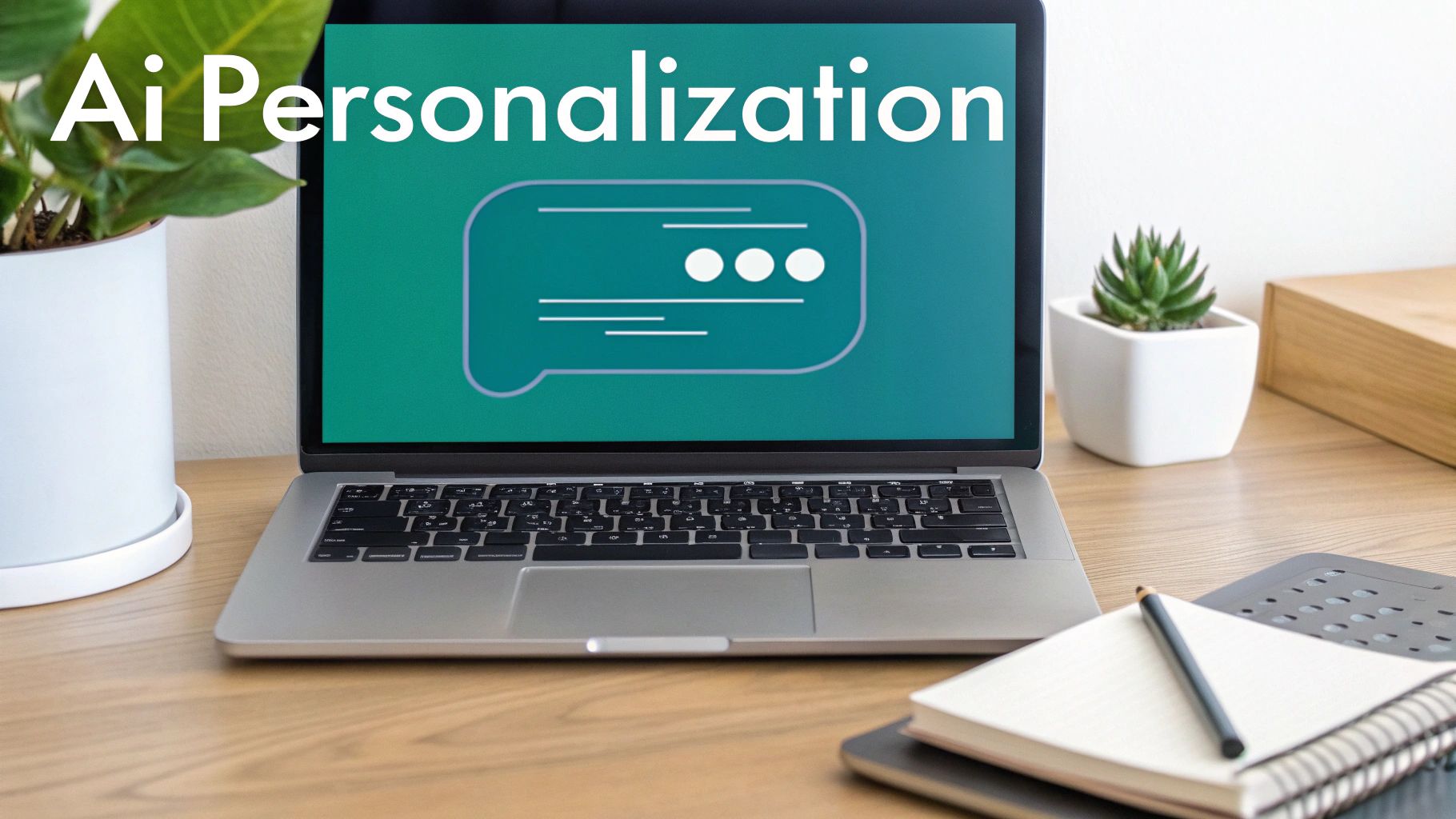 A laptop shows 'Ai Personalization' text and a chat bubble on a desk with plants and notebooks.