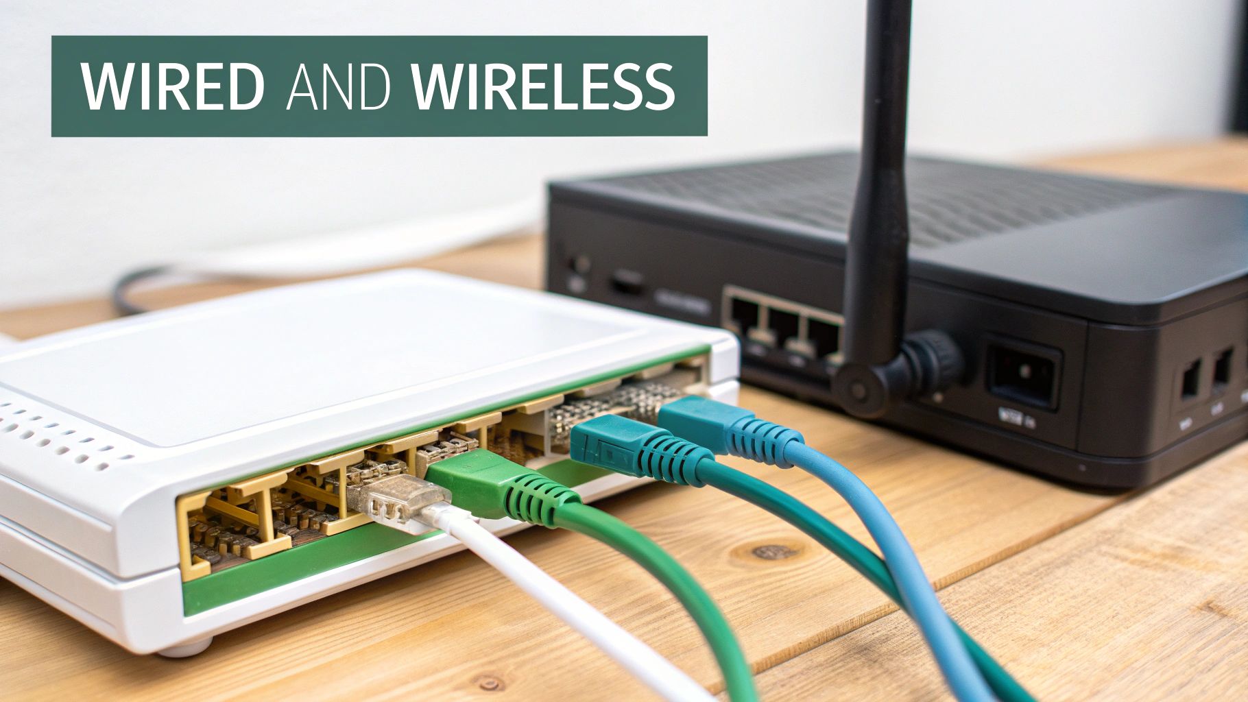 Network router with ethernet cables connected showing wired and wireless internet connectivity options