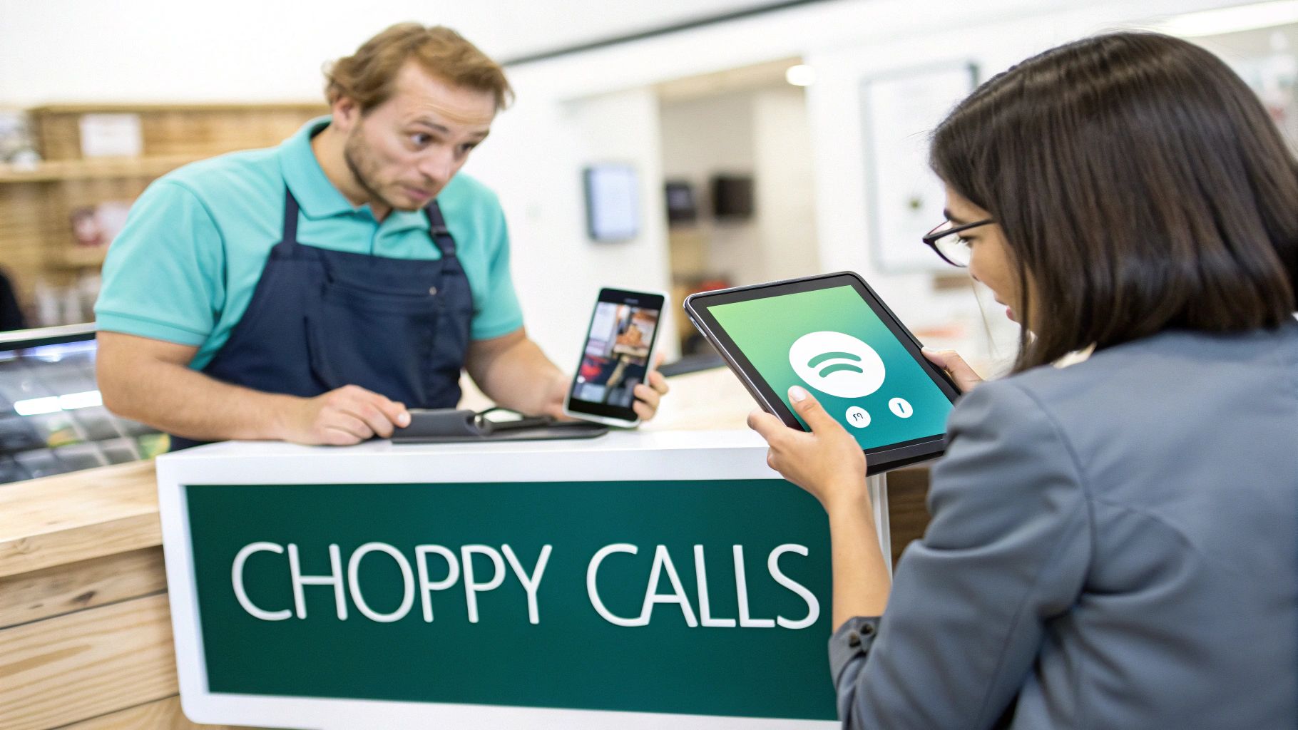 Customer shows a tablet with Spotify to a store employee, next to a 'CHOPPY CALLS' sign.