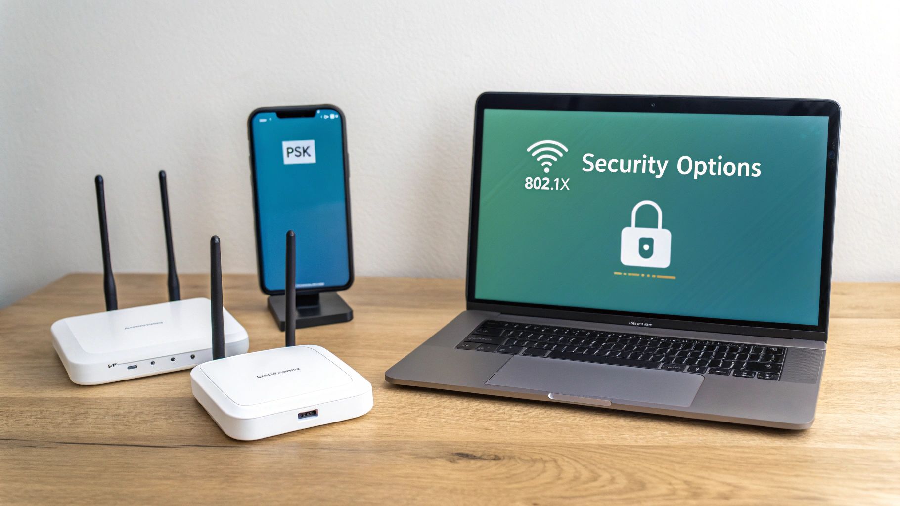 Network security setup with routers, smartphone showing PSK, and laptop displaying 802.1X security options.