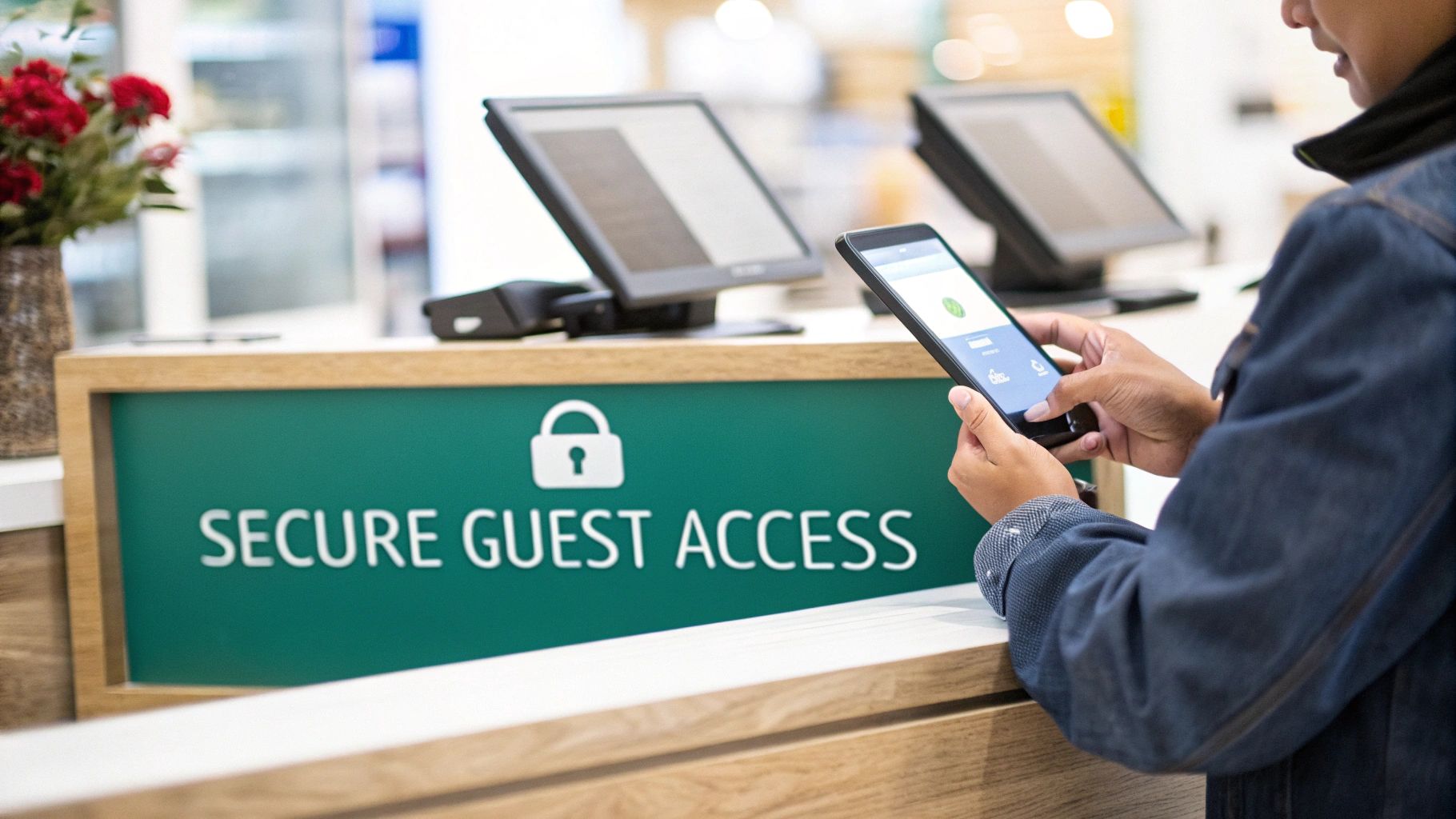 A person uses a smartphone at a counter with a 'Secure Guest Access' sign and padlock icon.