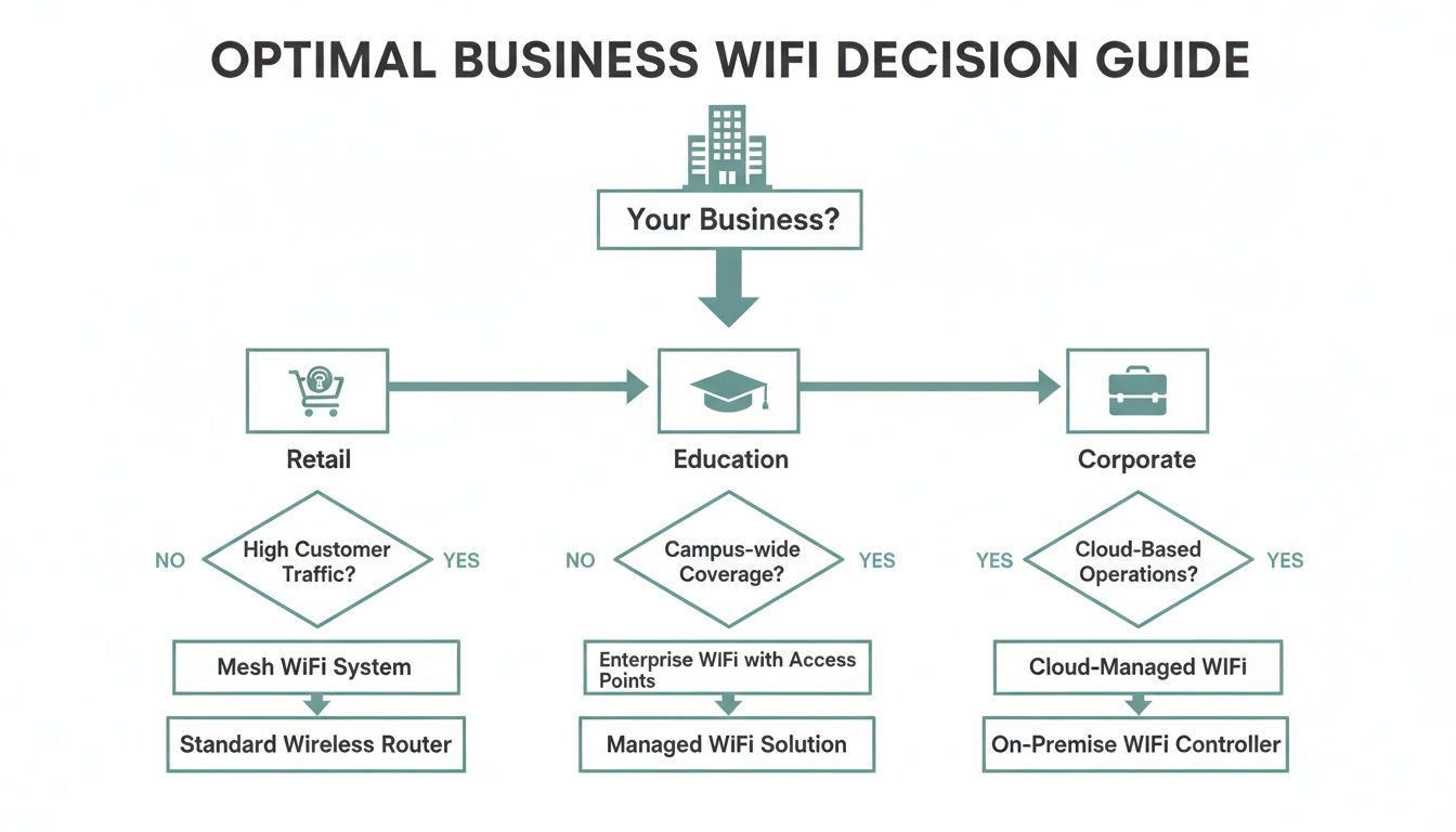 A decision guide flowchart for businesses choosing optimal WiFi solutions, including retail, education, and corporate scenarios.