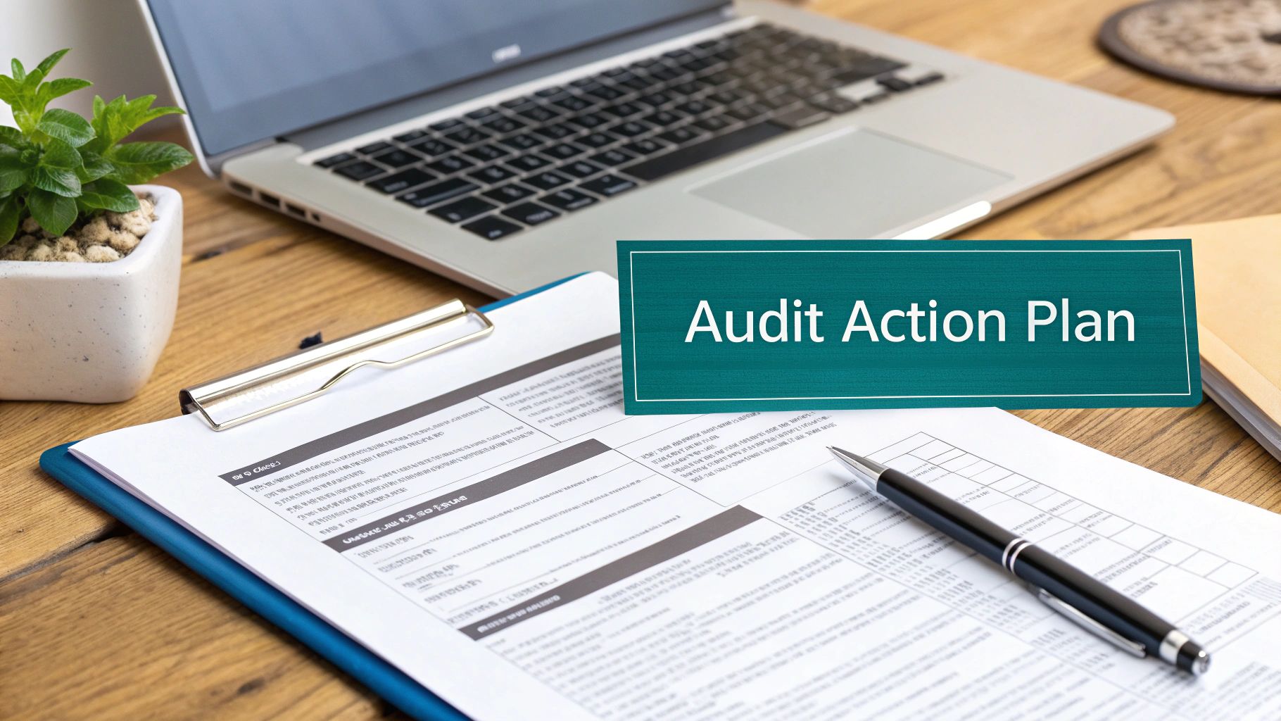 Audit action plan document on clipboard with laptop and pen on wooden desk