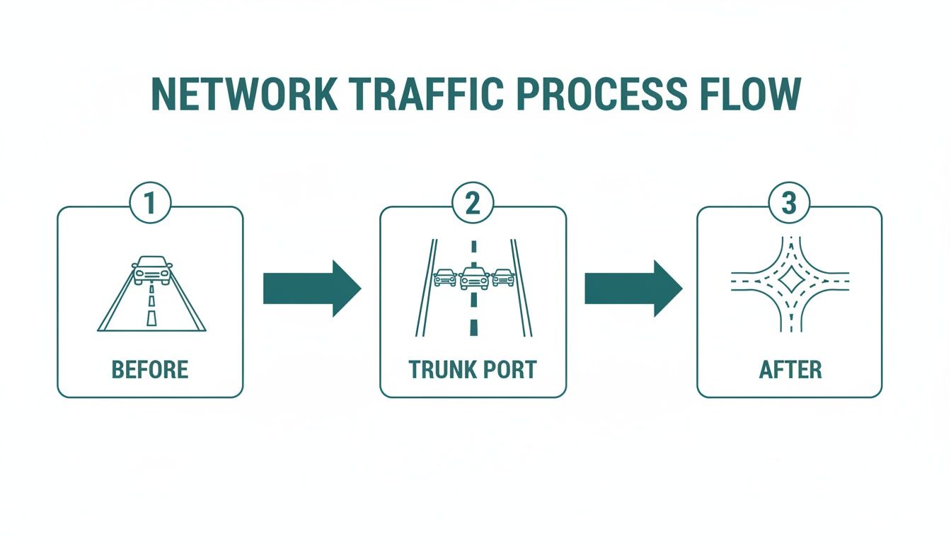 Network traffic process flow showing data before, during trunk port processing, and after routing at an intersection.