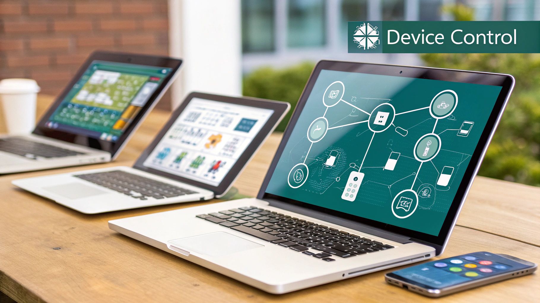 Multiple devices like a laptop, tablet, and smartphone connected to a Wi-Fi network.