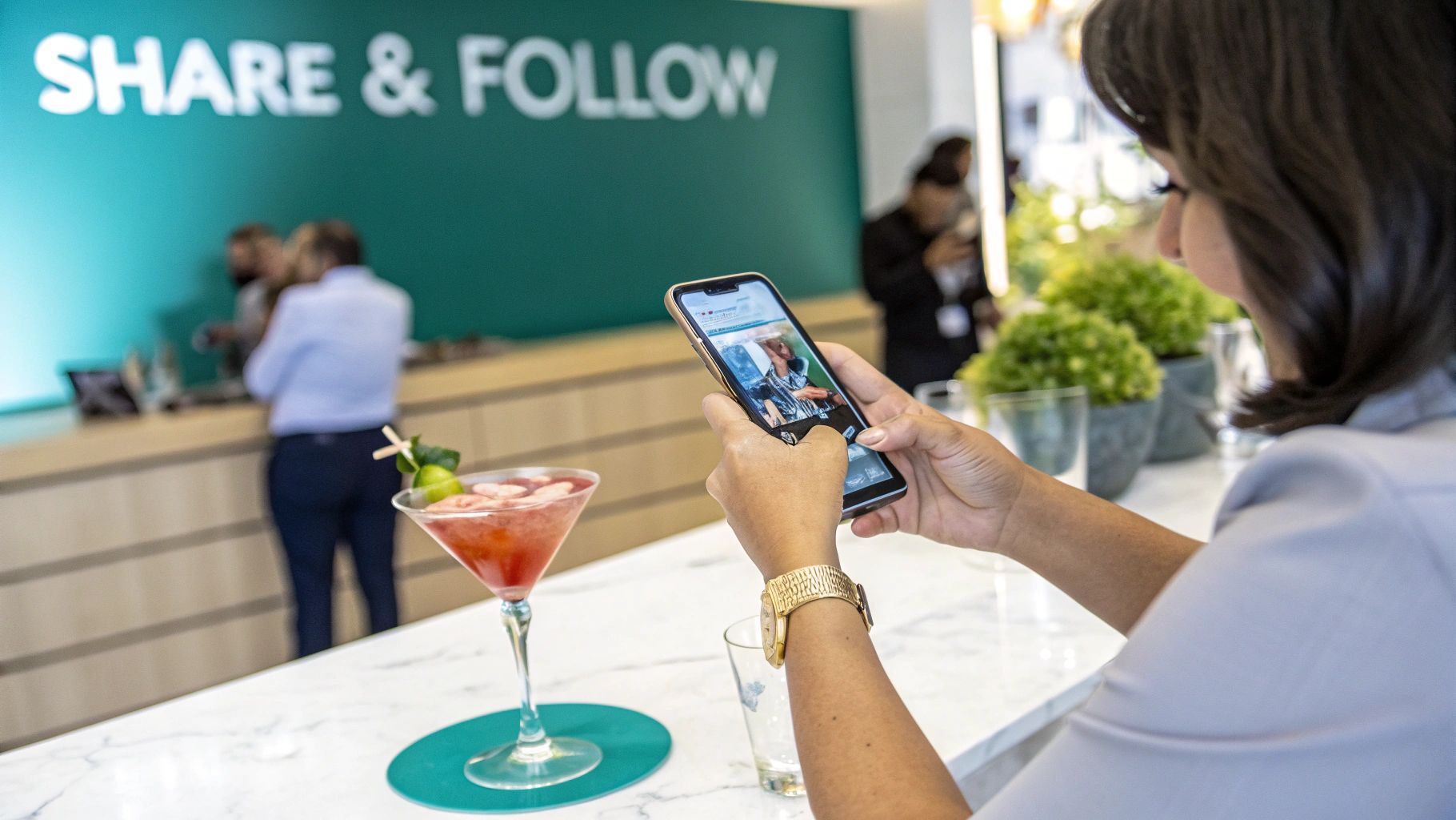 Woman holding a smartphone, taking a picture of a cocktail at an event with a 'SHARE & FOLLOW' sign.