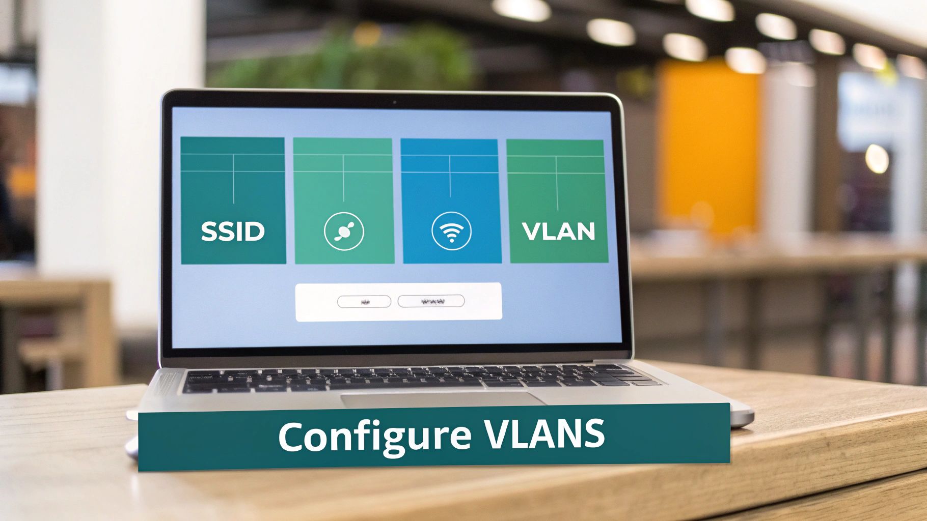 A laptop on a wooden desk displaying network configuration options for SSID and VLAN, with a 'Configure VLANS' banner below.