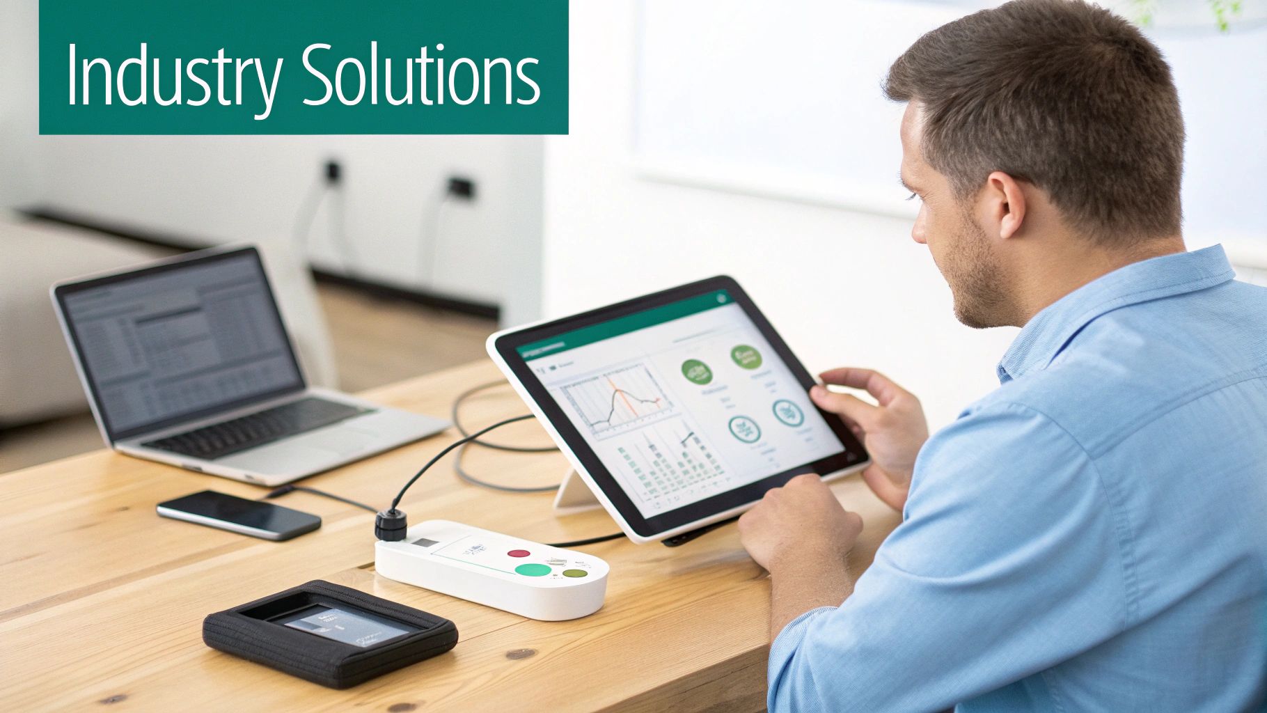 Man reviews industry data on a tablet, surrounded by a laptop and smart devices.