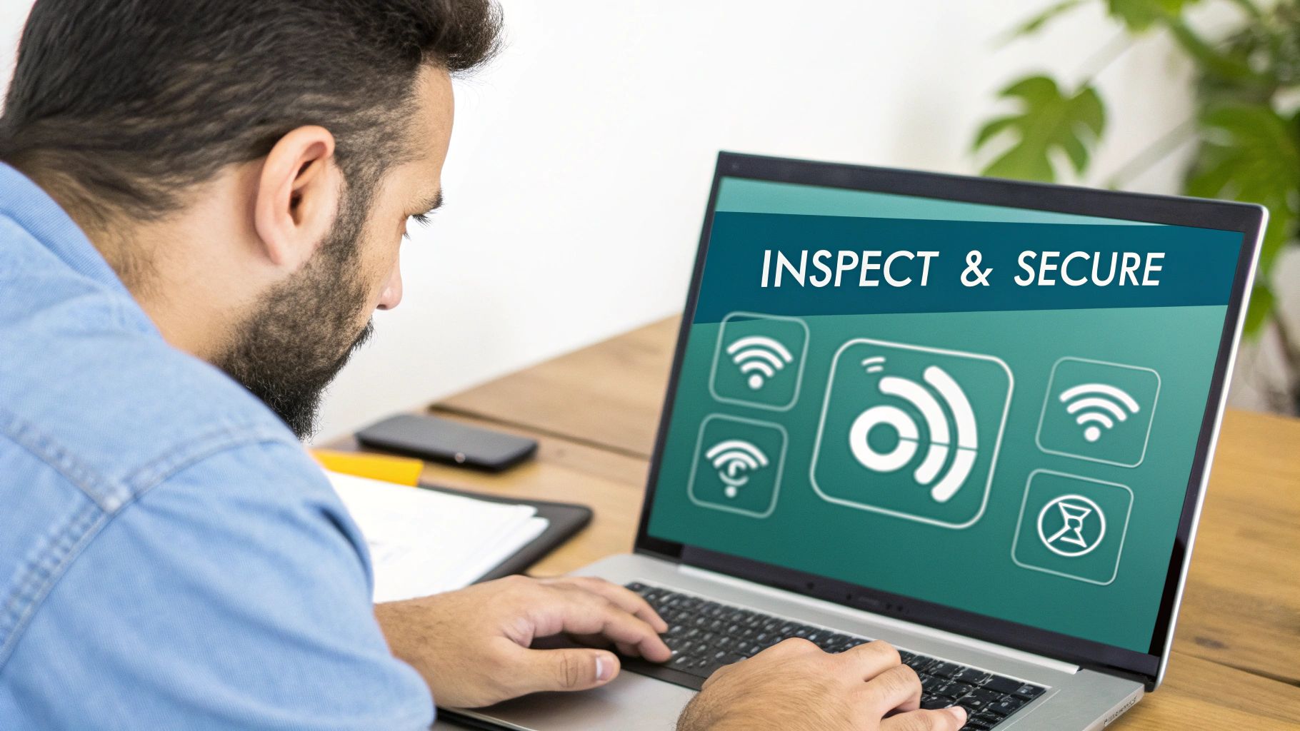 Professional man inspecting network security settings on laptop displaying wireless connectivity icons and inspect secure interface