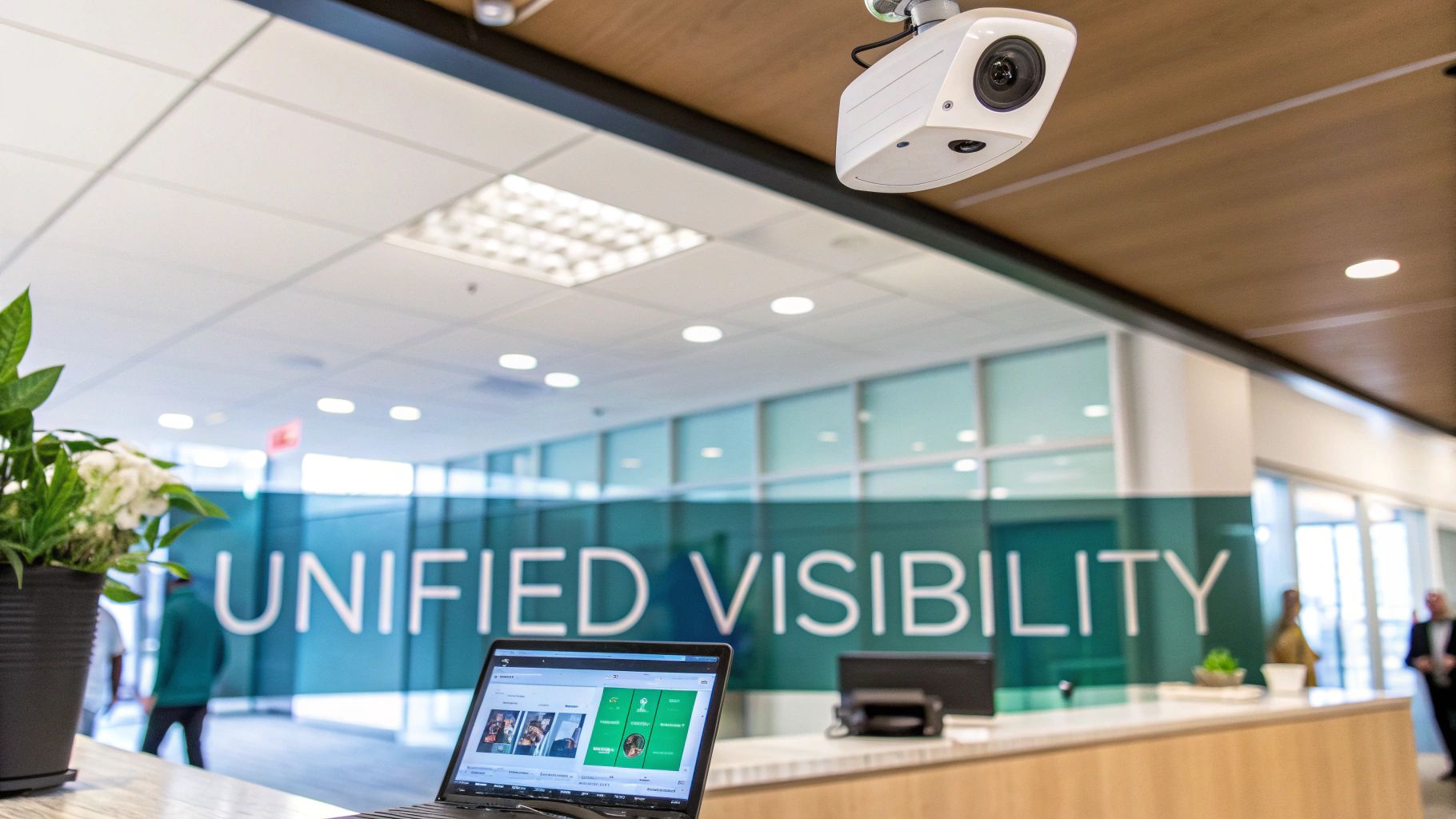 Wireless security camera monitoring a modern office space
