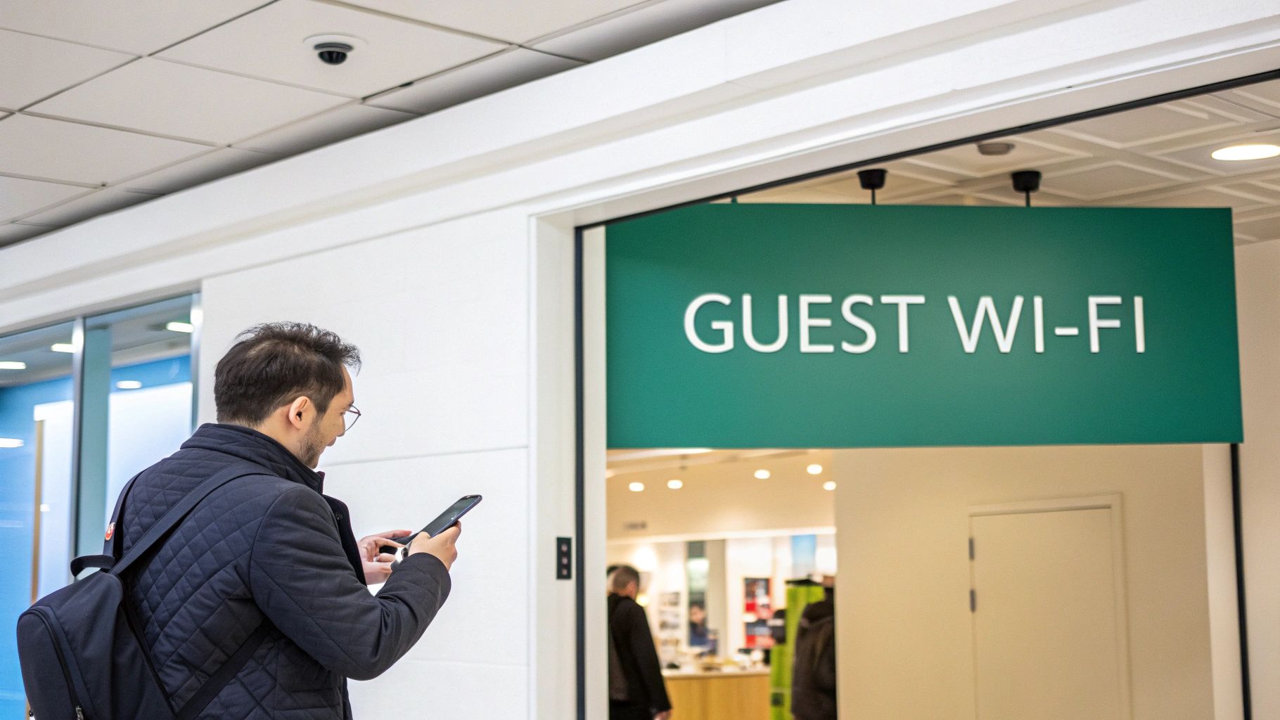 A person using a smartphone to connect to a retail store's public Wi-Fi network.