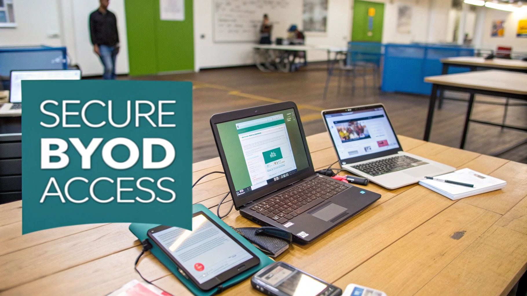 A group of people using their personal laptops and tablets in a modern office, highlighting a BYOD environment.