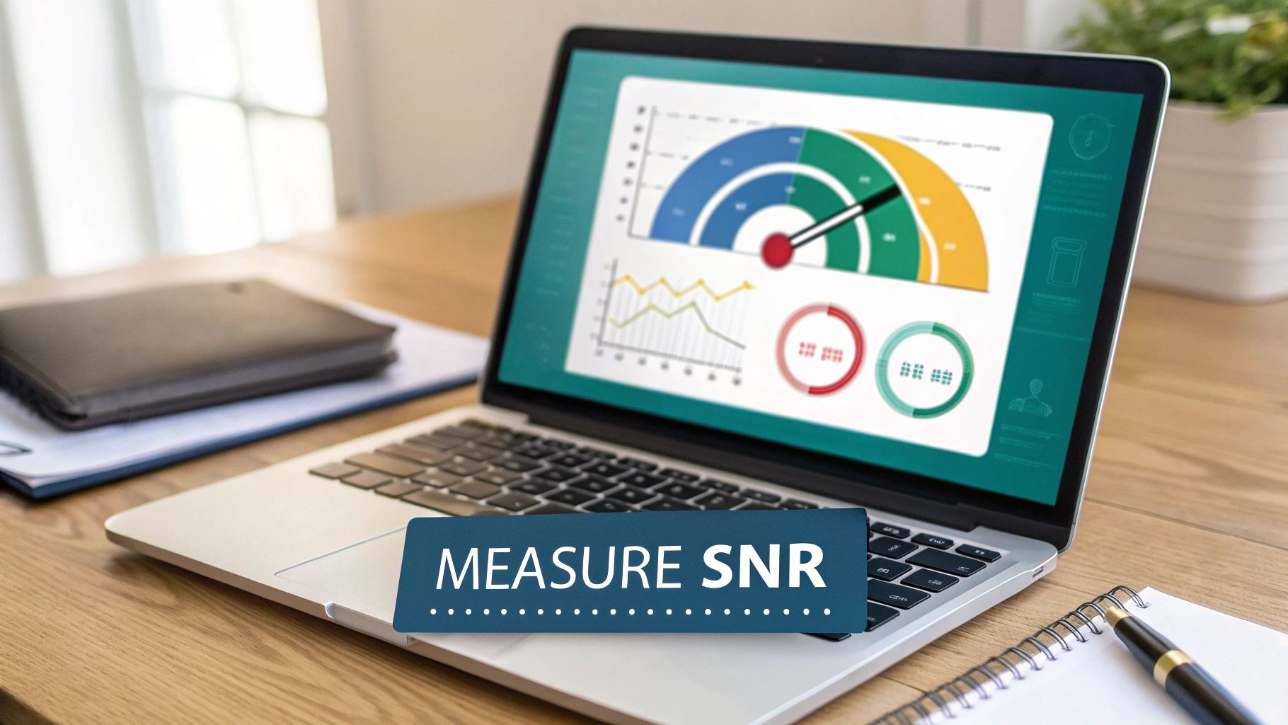 Laptop displaying a data dashboard with a gauge and graphs, featuring 'MEASURE SNR' text.