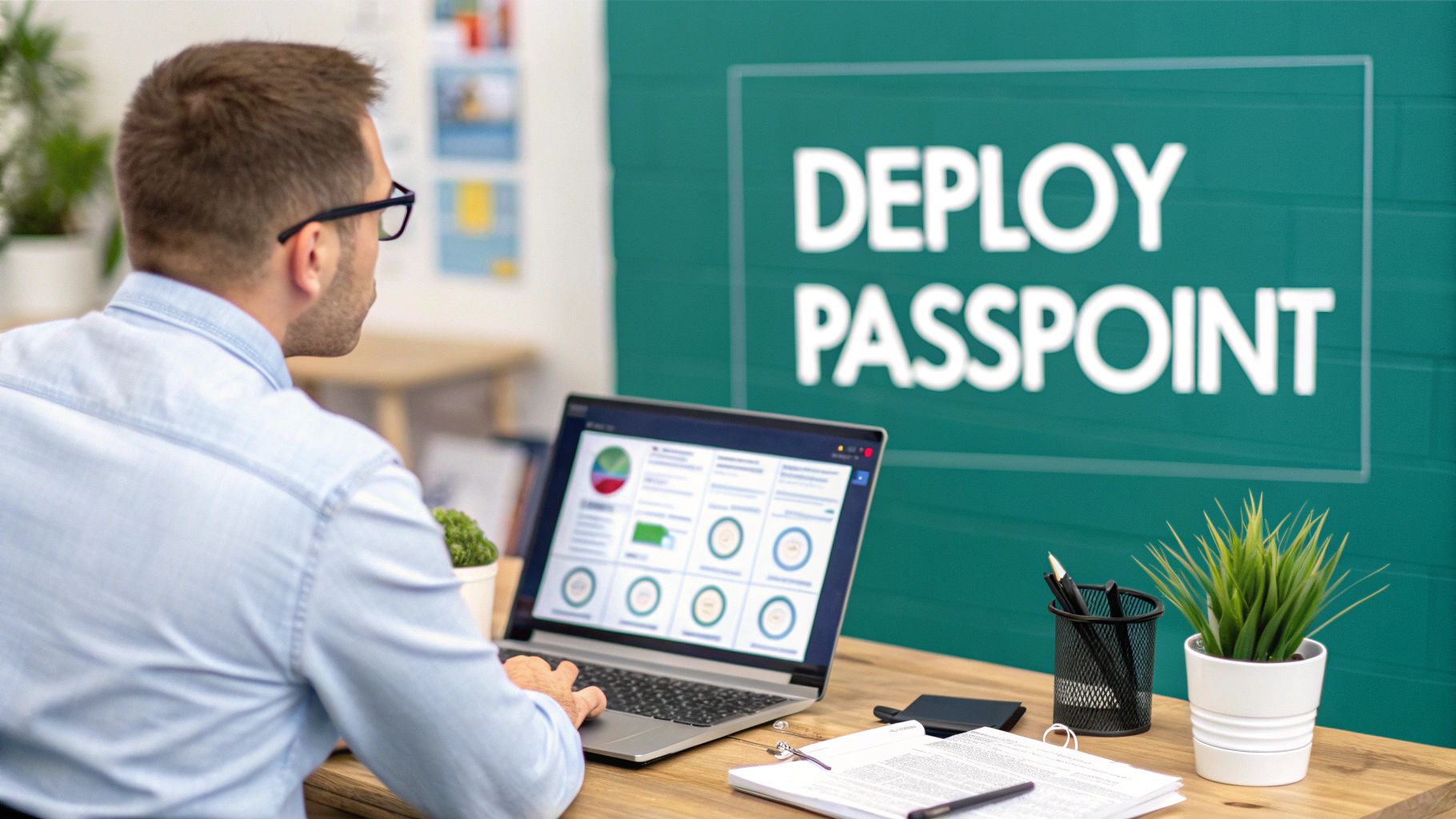 Man typing on a laptop with data charts, in front of a green wall displaying 'DEPLOY PASSPOINT'.