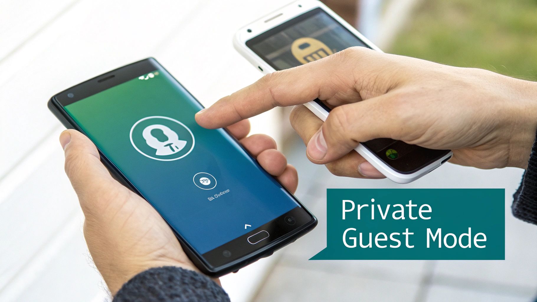 A person's finger taps a smartphone screen showing a user profile for private guest mode.