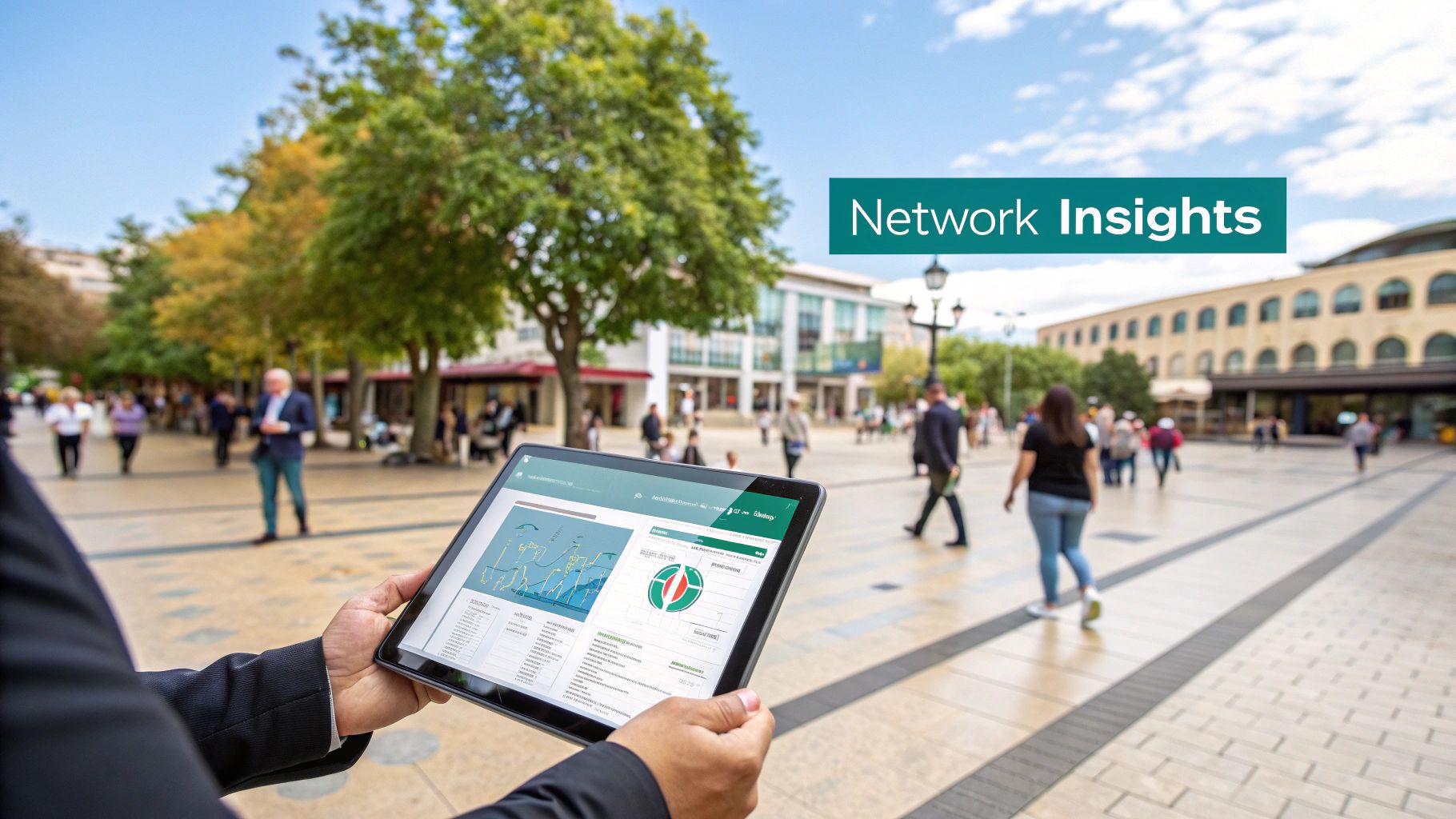 A person managing a wireless network on a tablet with data visualizations.